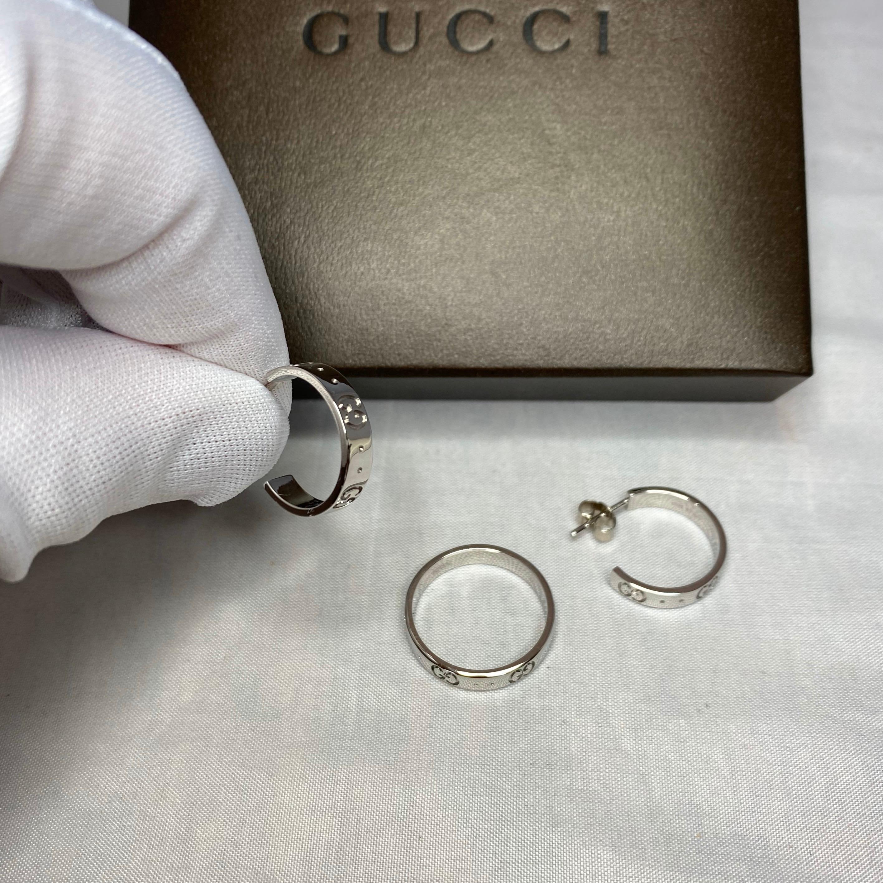Gucci Icon 18 Karat White Gold Band Ring and Hoop Earring Set 2