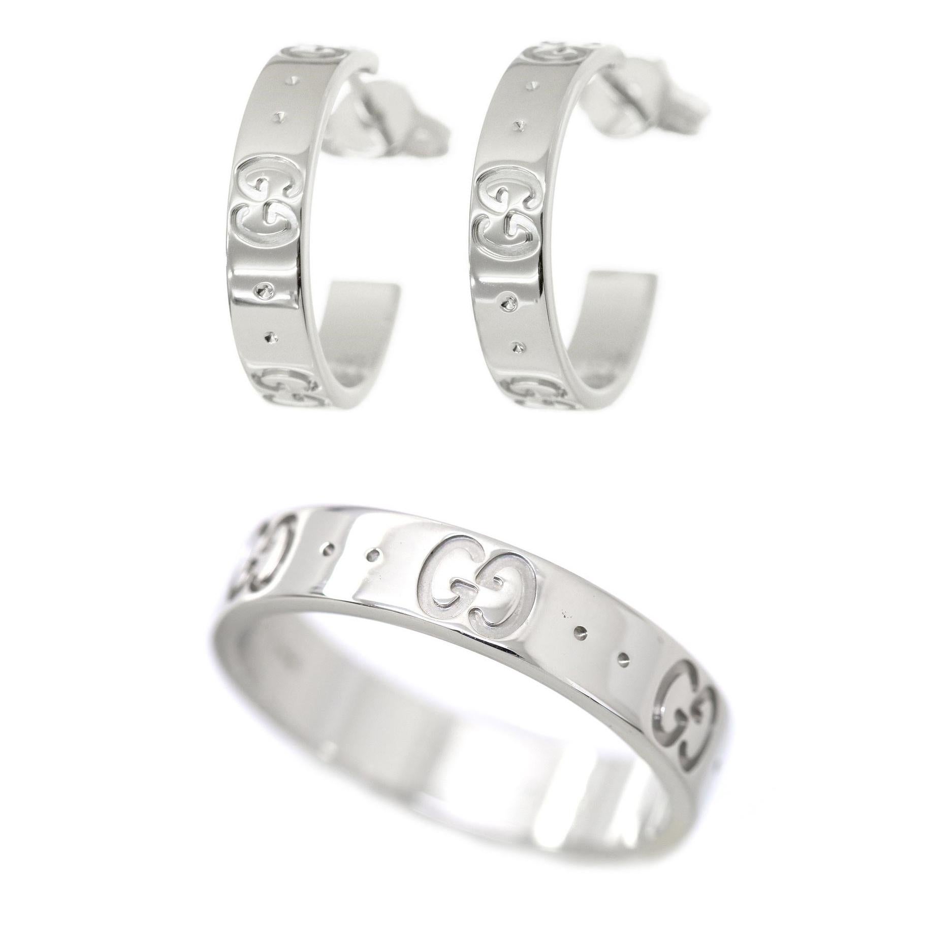 Gucci Icon 18 Karat White Gold Band Ring and Hoop Earring Set