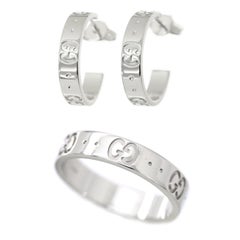 Used Gucci Icon 18 Karat White Gold Band Ring and Hoop Earring Set