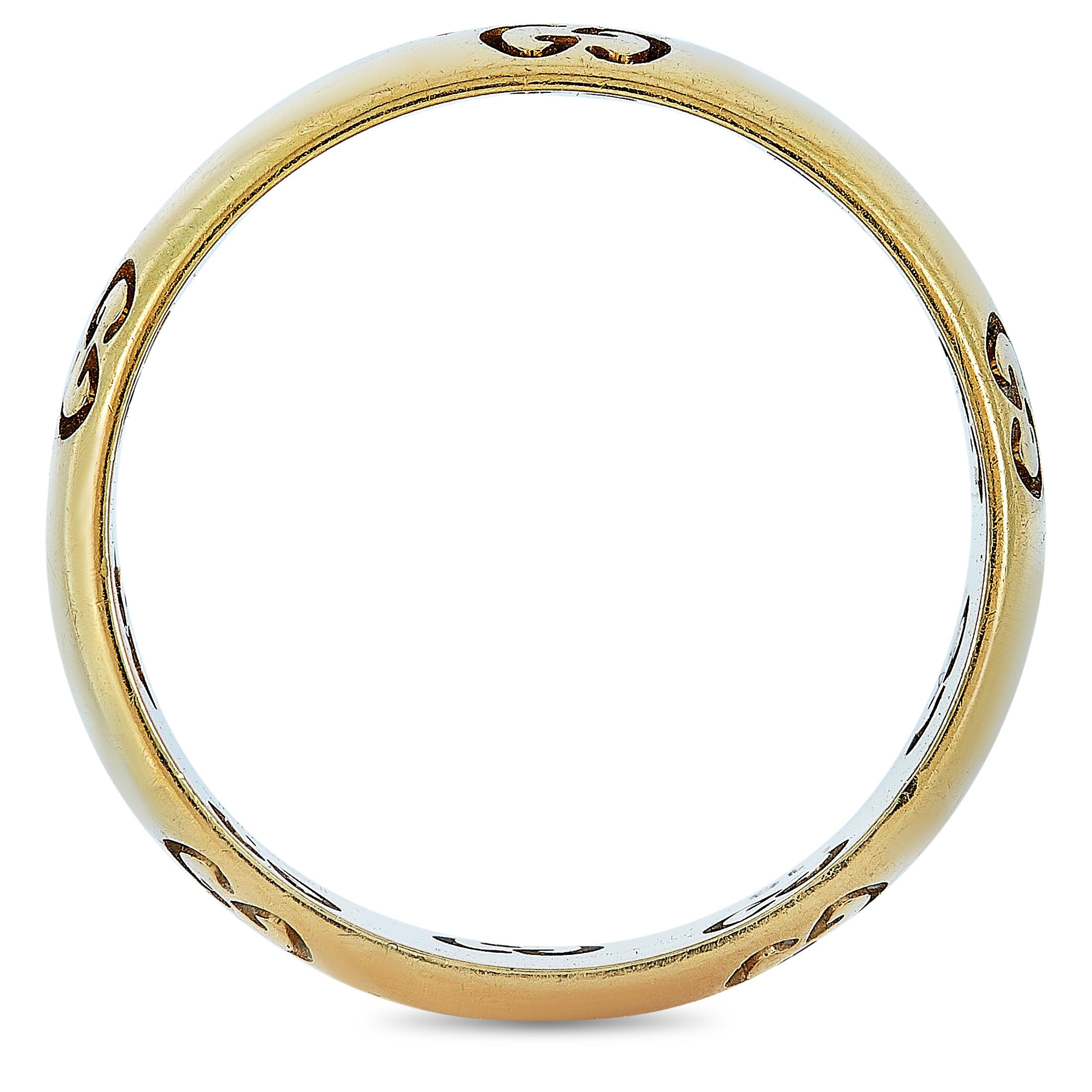The Gucci “Icon” ring is crafted from 18K yellow gold and weighs 7.6 grams, boasting band thickness of 8 mm.

This jewelry piece is offered in brand new condition.
Ring Size: 8.5