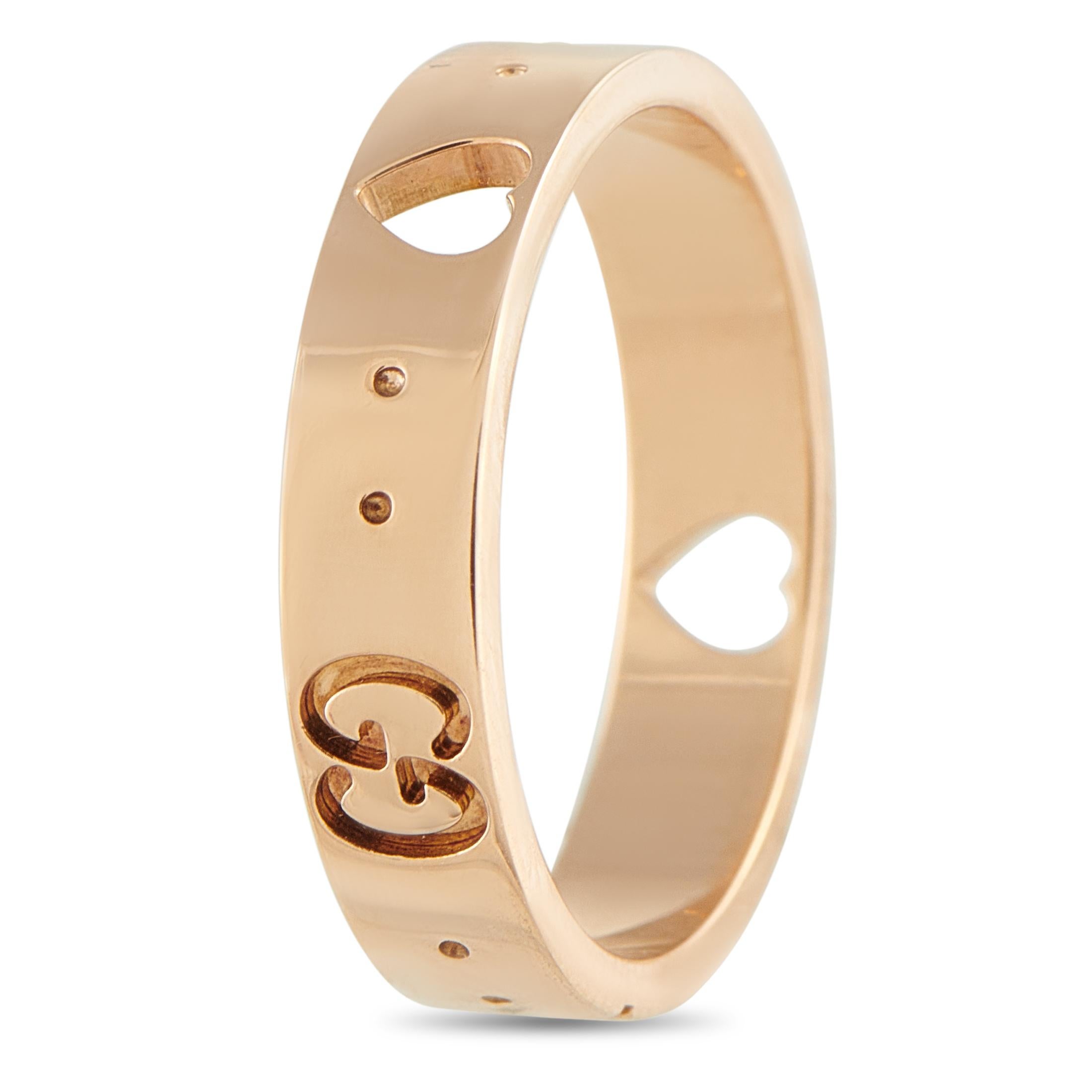 This Gucci Icon ring is sweet and sophisticated. Heart motifs make it instantly captivating, while the emblematic GG motif offers a touch of understated luxury. The perfect gift for your anyone who has captured your heart, the 5mm band width and 1mm