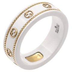 Gucci Icon 18K Yellow Gold White Ceramic Interlocking GG Band Ring