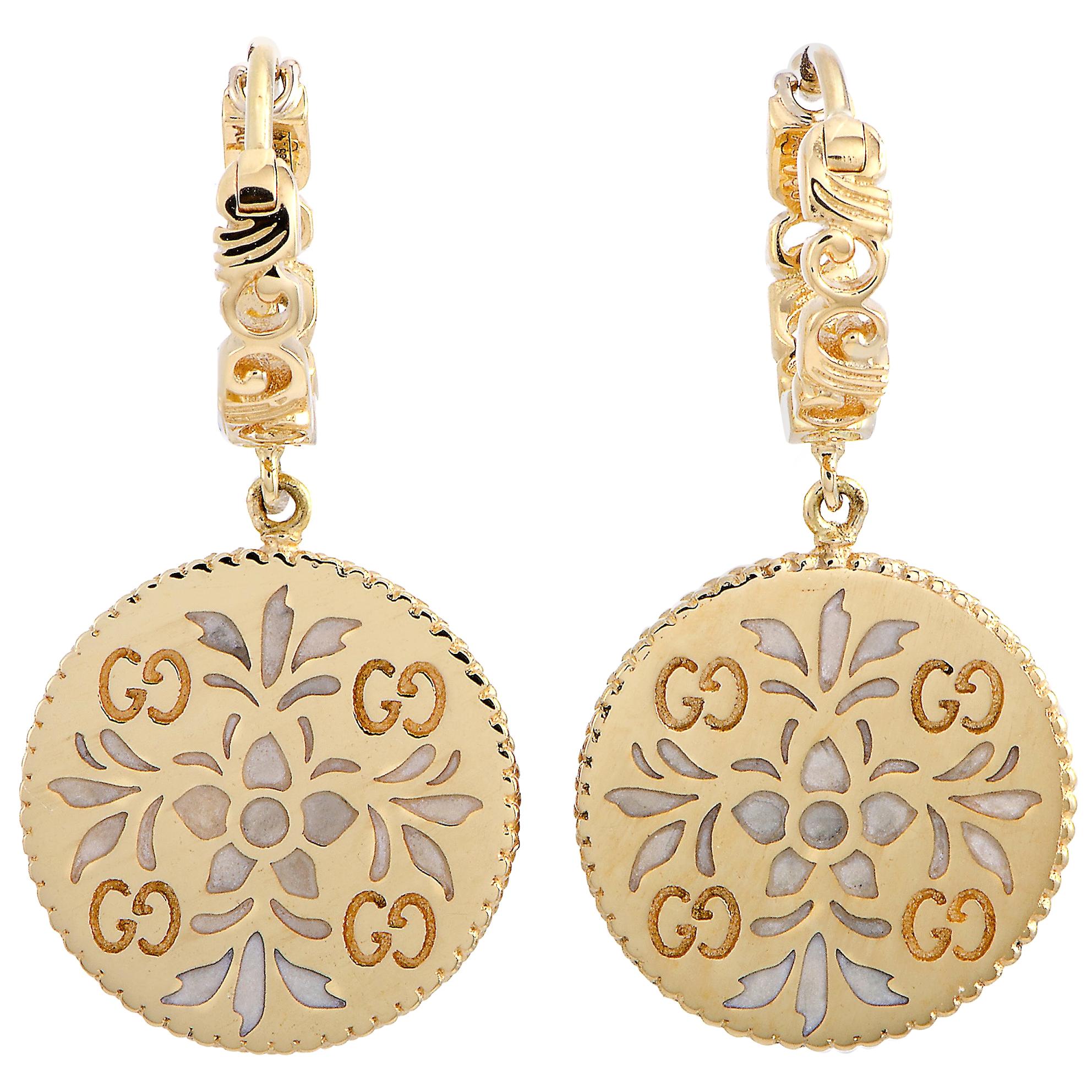 Gucci Icon Blooms 18 Karat Yellow Gold and Enamel Earrings