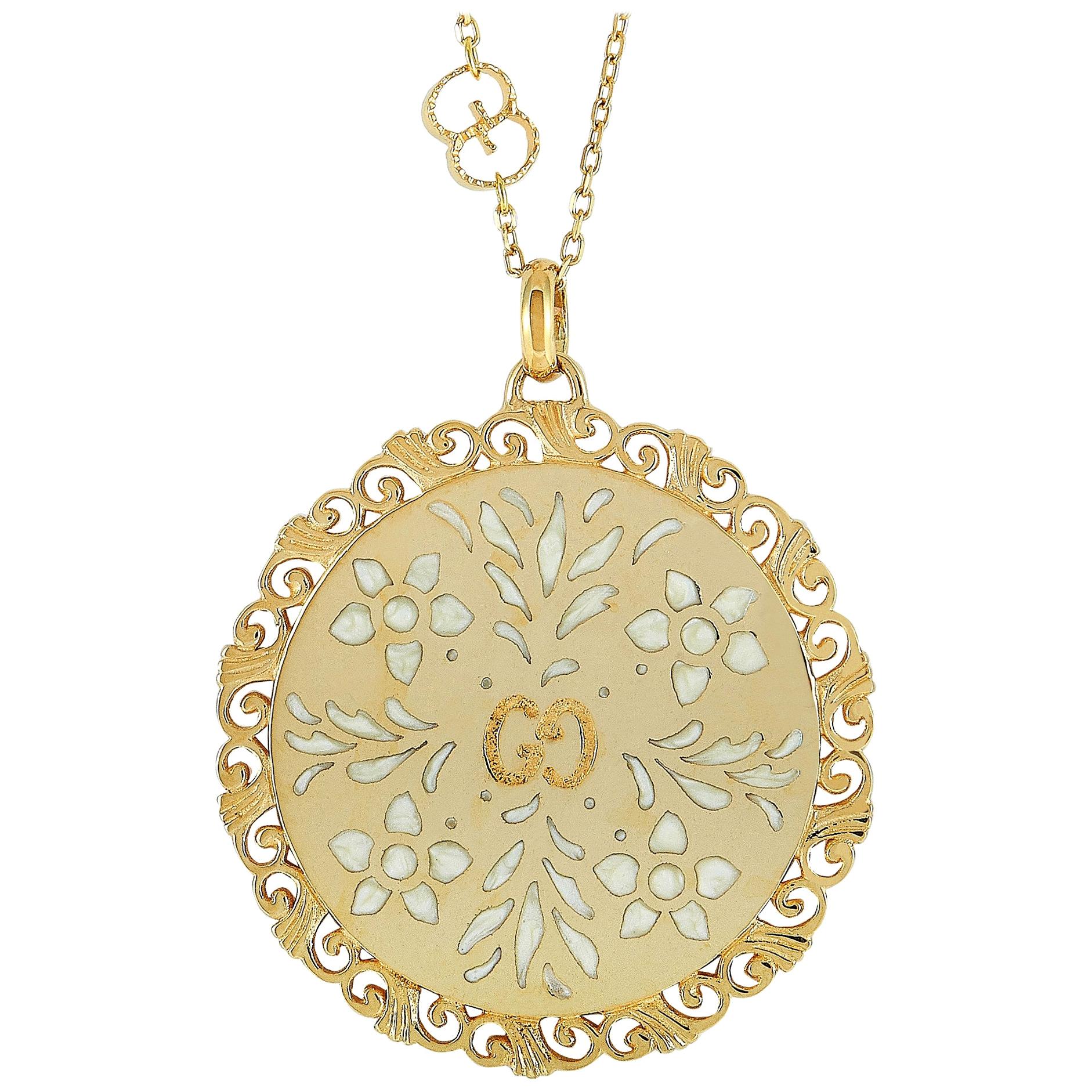 Gucci Icon Blooms 18 Karat Yellow Gold Mystic White Enamel Necklace