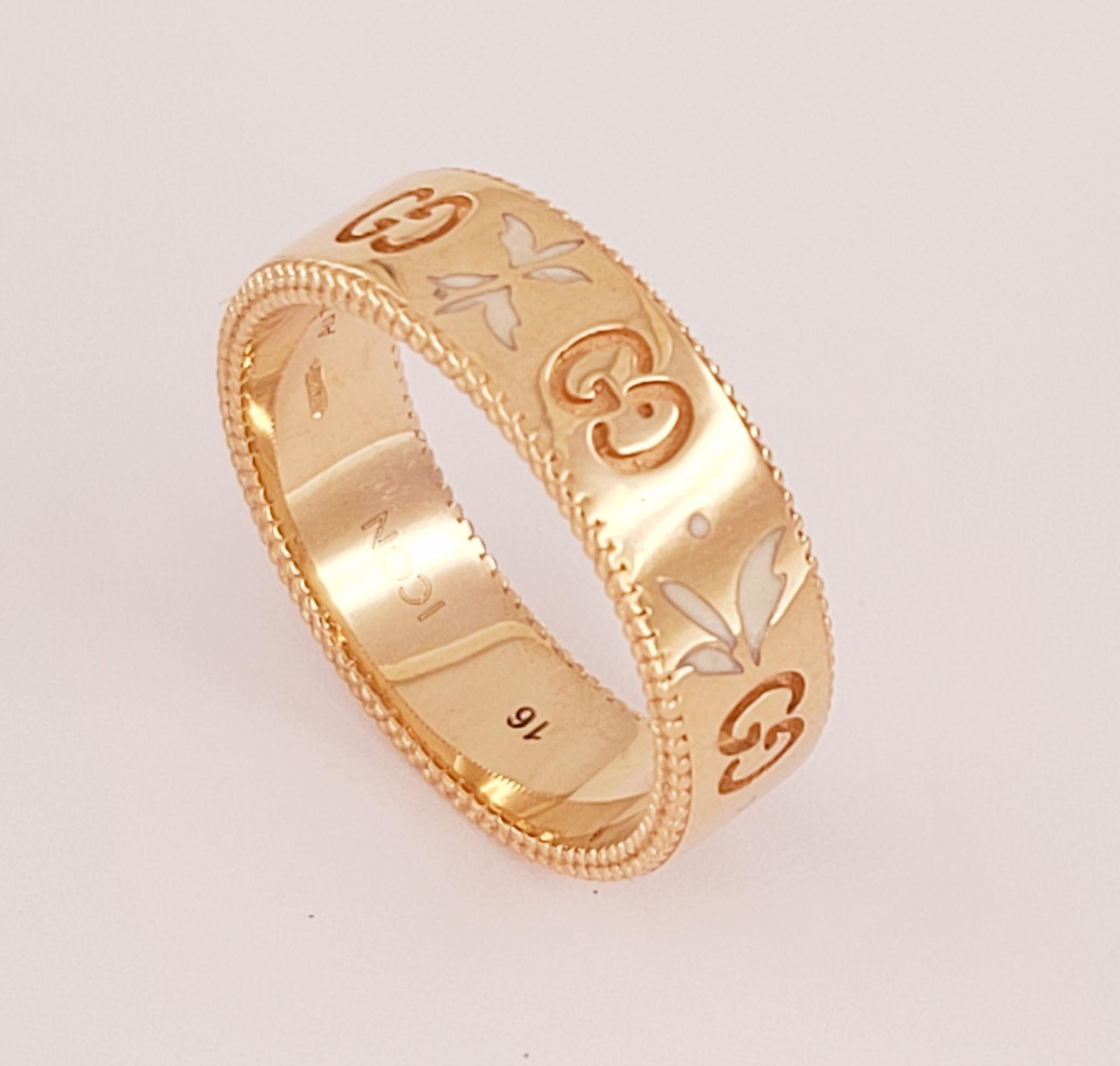 Gucci Icon Blooms Pink Ring
Material 18K Rose Gold & White Enamel 
Ring Size 7.5
Ring Width 6mm
Ring Weight 6.8gr 
Gender Women
Condition New, never worn