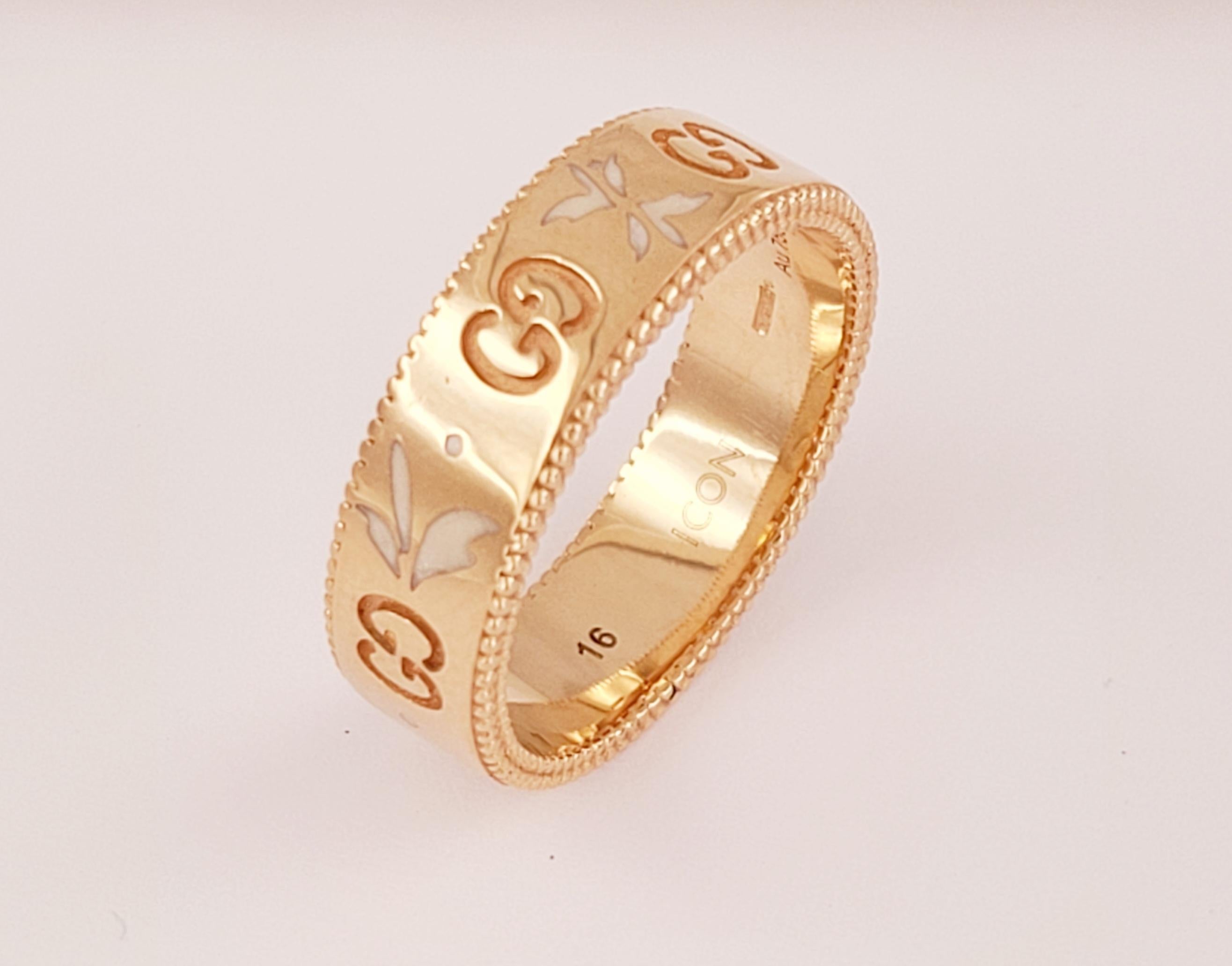 Gucci Icon Blooms 18k Pink/Rose Gold White Enamel Ring Size 7.5 In New Condition For Sale In New York, NY