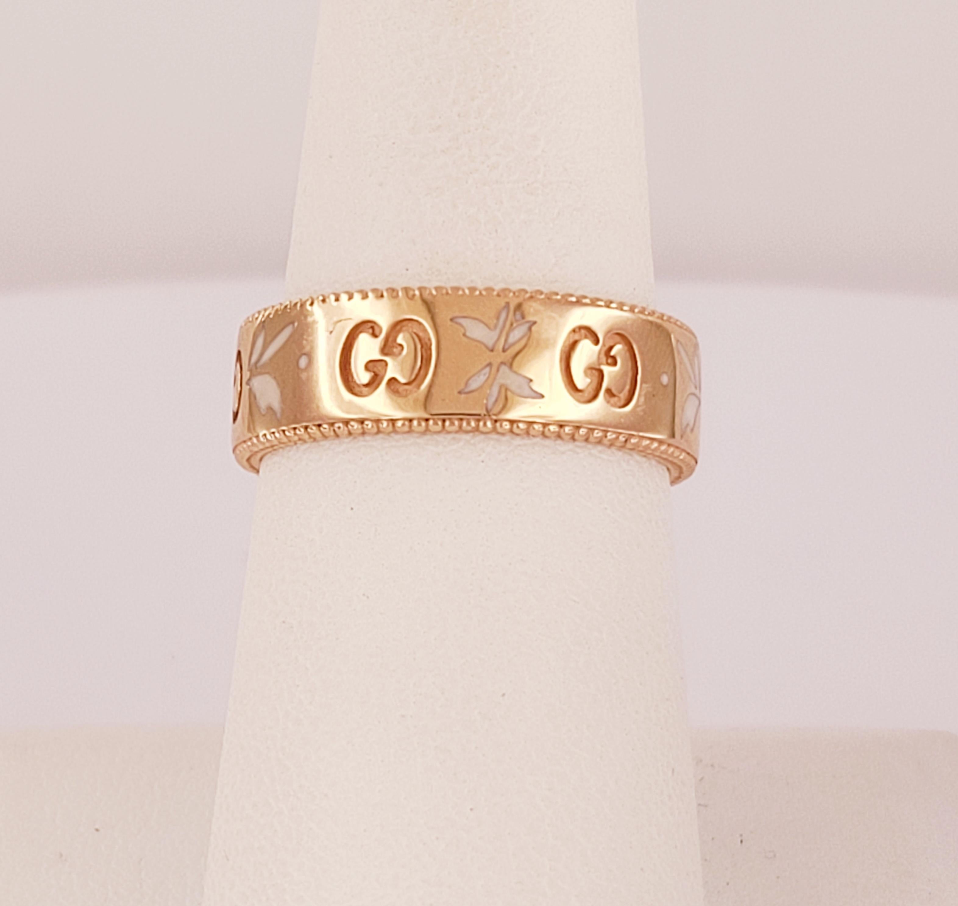 Gucci Icon Blooms 18k Pink/Rose Gold White Enamel Ring Size 7.5 For Sale 1