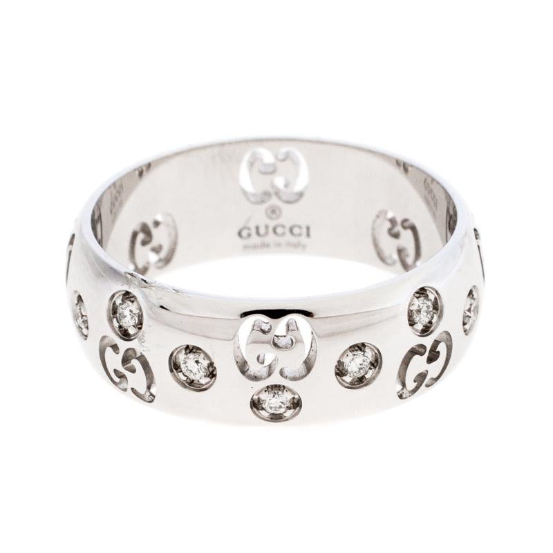 Gucci is known for bringing out designs that celebrate creativity with high style. Therefore, this Icon ring is a true symbol of the spirit of Gucci. The ring is crafted of 18k white gold in Italy and exquisitely designed with the signature GG logo