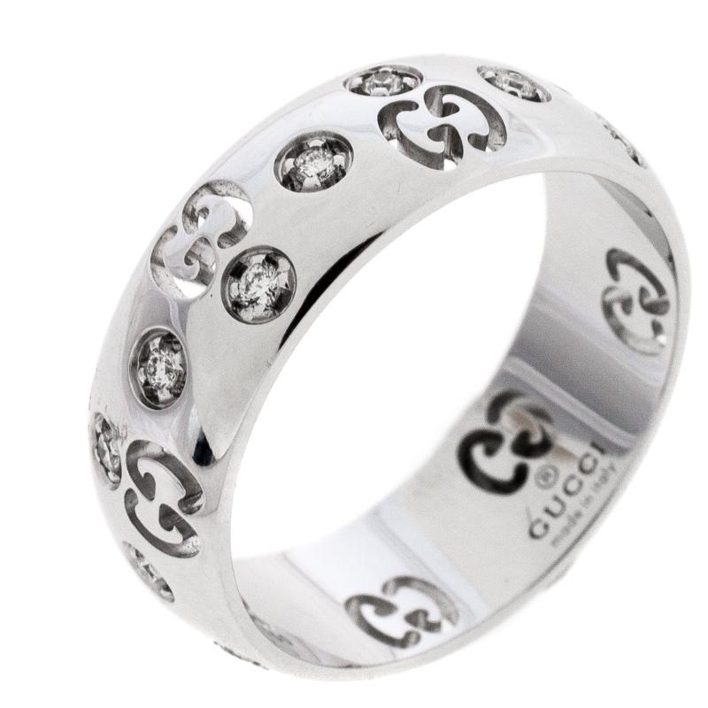 Contemporary Gucci Icon Bold Diamond 18K White Gold Band Ring Size 50