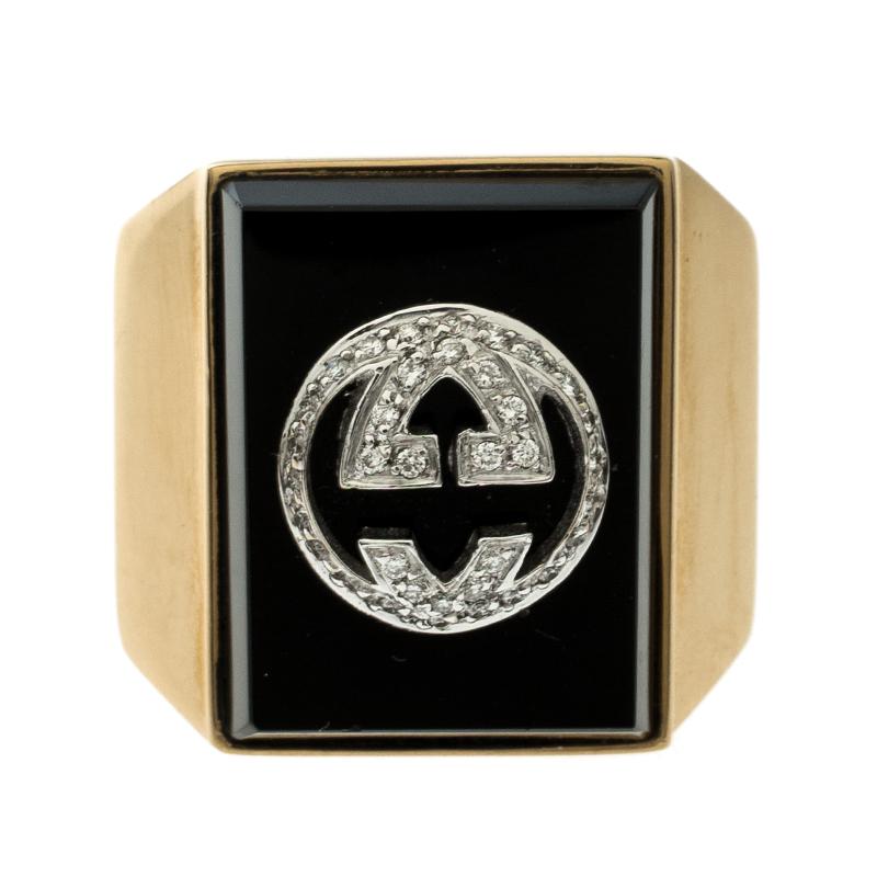 Assured to give you ultimate fashion satisfaction, this Gucci Icon Boule ring will stand out as an elegant piece of jewelry. This 18k yellow gold ring is accented by a rectangle cut onyx featuring a GG motif of sparkling diamonds, to celebrate the