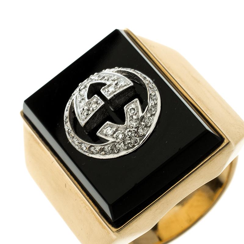 Contemporary Gucci Icon Boule Onyx & Diamond 18k Yellow Gold Ring Size 58