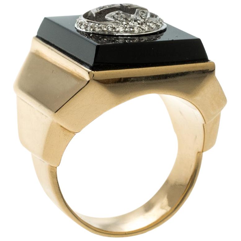 Gucci Icon Boule Onyx 
Diamond 18k Yellow Gold Ring Size 58
