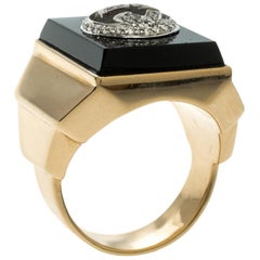 Gucci Icon Boule Onyx & Diamond 18k Yellow Gold Ring Size 58