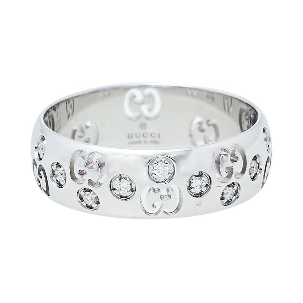Gucci Icon Diamond 18K White Gold Bold Ring Size 57