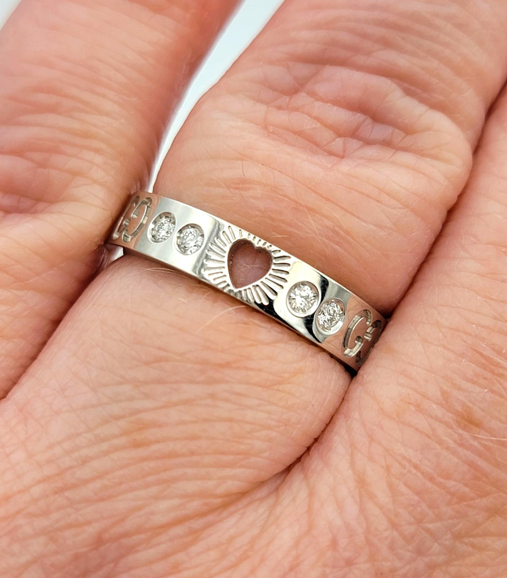 Gucci Icon Diamond Band Ring with Heart Cutout in 18 Karat White Gold, Size 6.25 For Sale 4