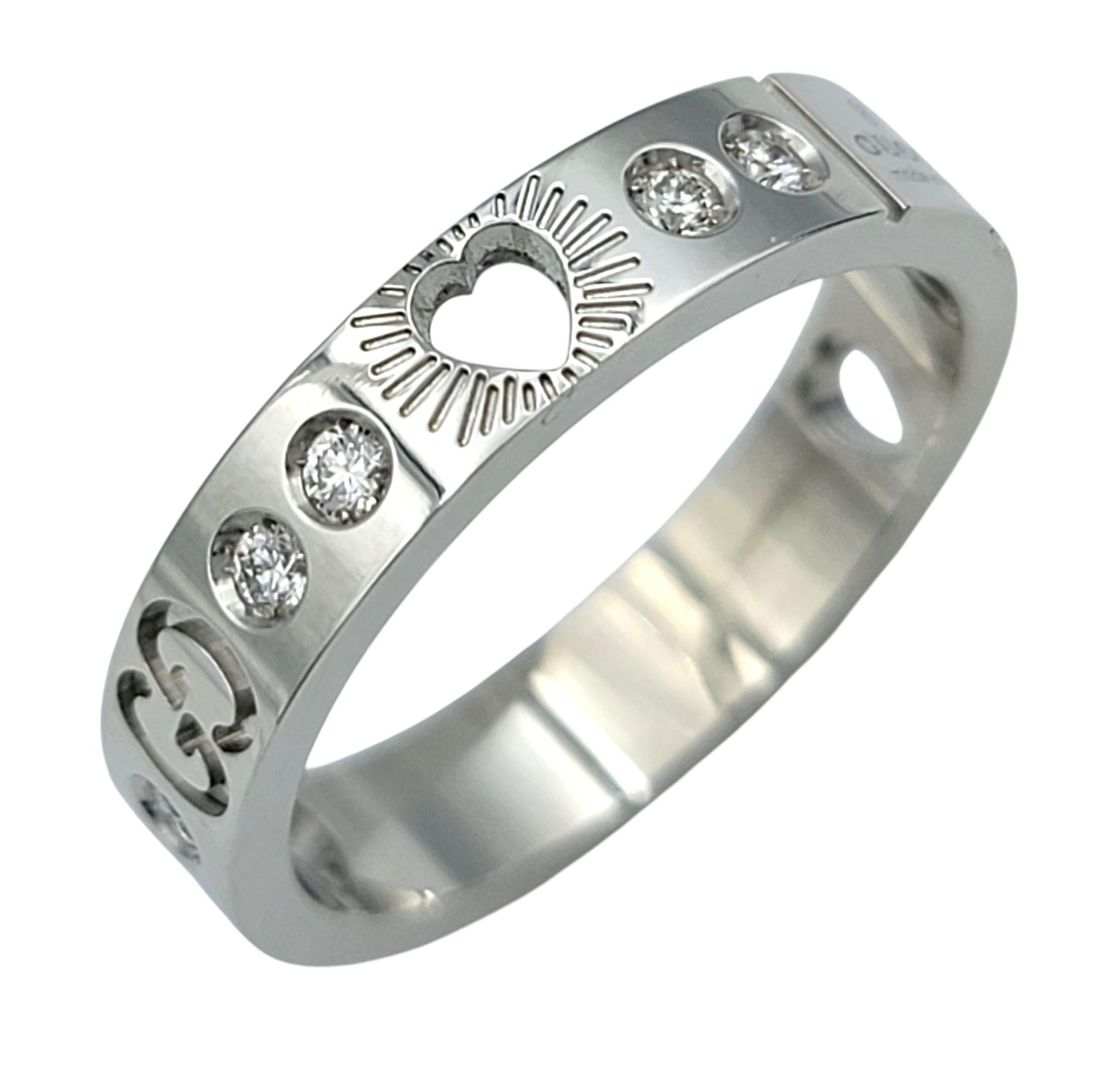 Ring Size: 6.25

Embrace the perfect fusion of iconic design and contemporary elegance with this stunning Gucci ring. Crafted in luxurious 18 karat white gold, the band features intricate heart cut-outs, a subtle yet powerful symbol of love and