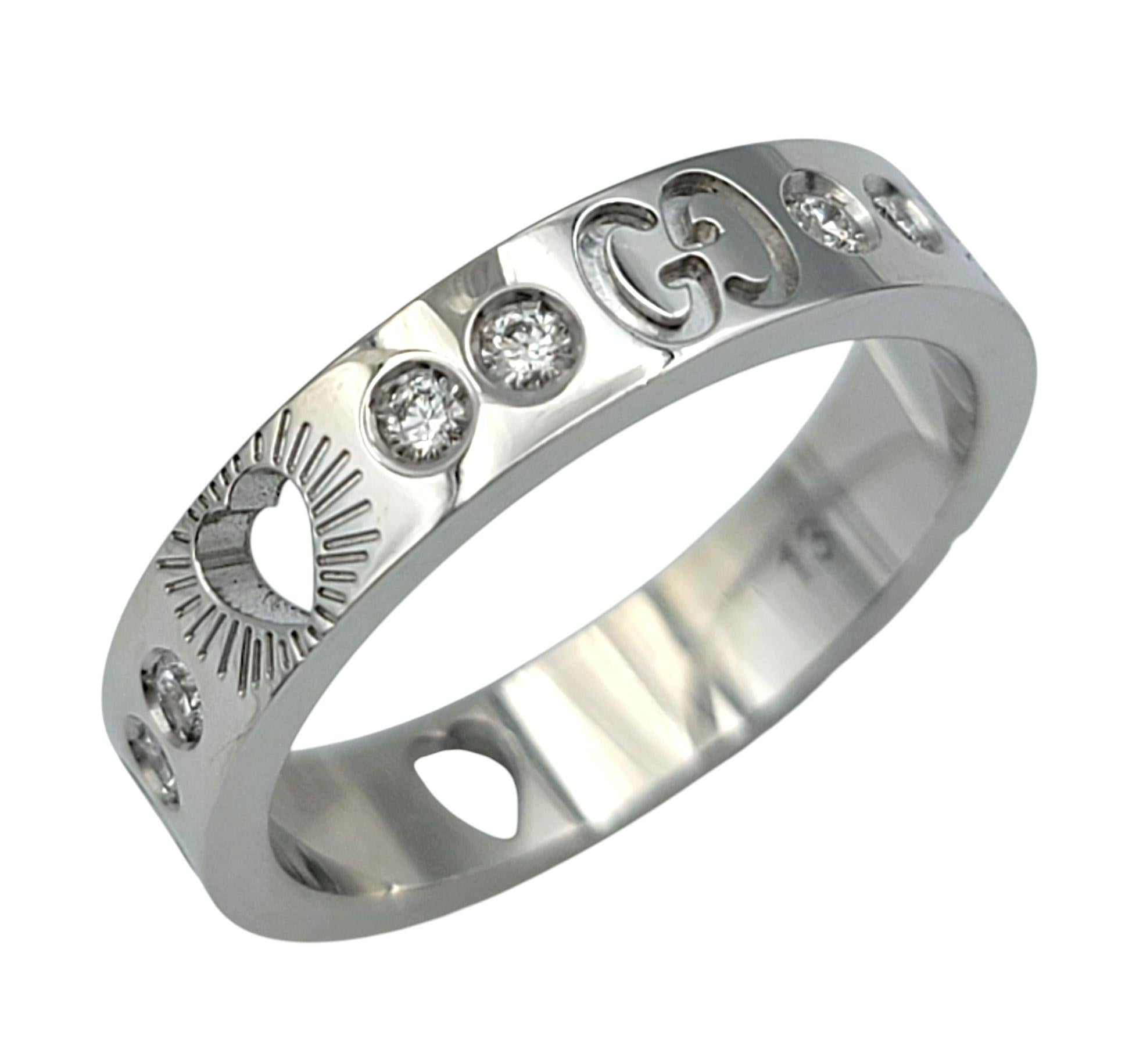 Contemporary Gucci Icon Diamond Band Ring with Heart Cutout in 18 Karat White Gold, Size 6.25 For Sale