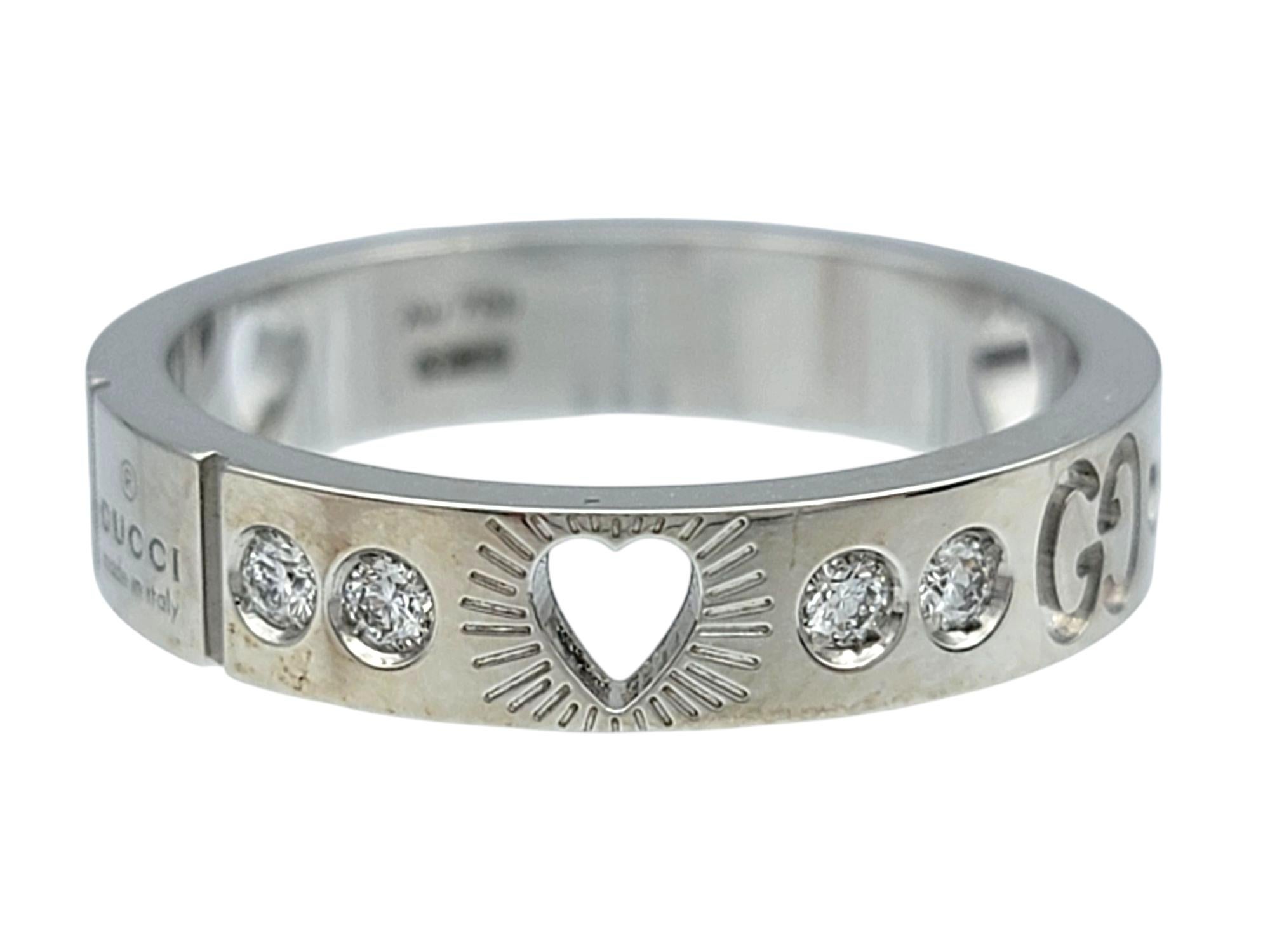 Round Cut Gucci Icon Diamond Band Ring with Heart Cutout in 18 Karat White Gold, Size 6.25 For Sale