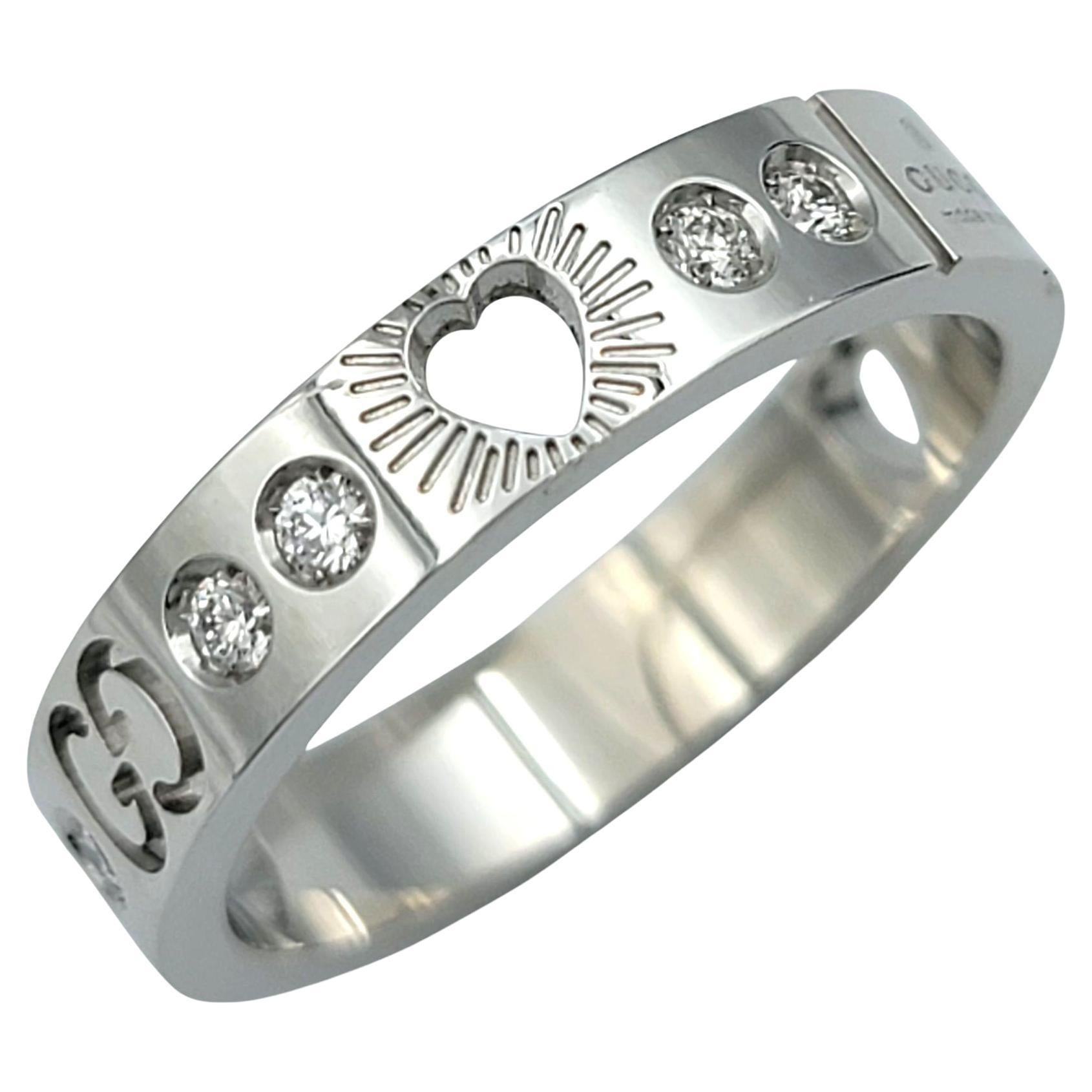 Gucci Icon Diamond Band Ring with Heart Cutout in 18 Karat White Gold, Size 6.25 For Sale