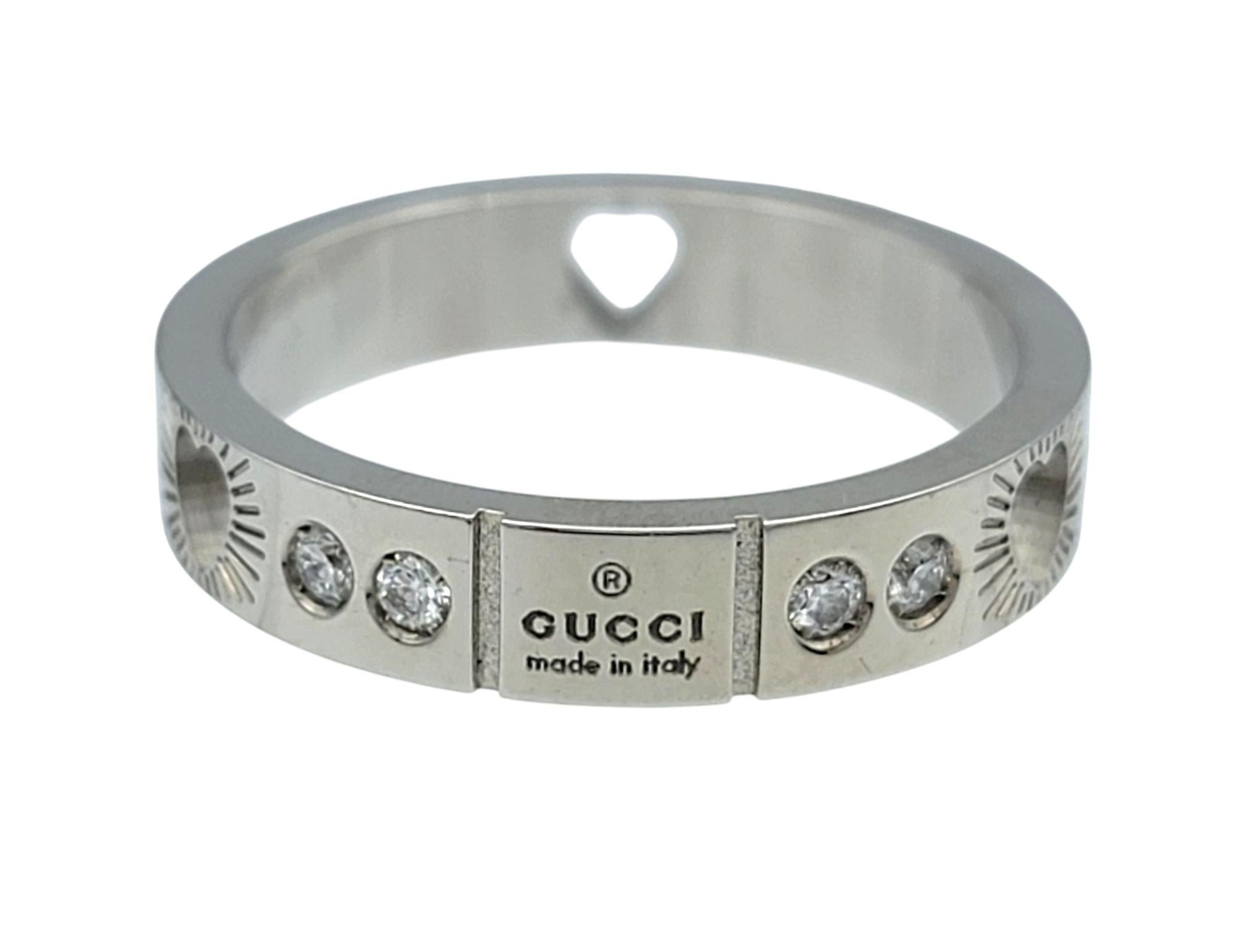 Round Cut Gucci Icon Diamond Band Ring with Heart Cutout in 18 Karat White Gold, Size 6.75 For Sale