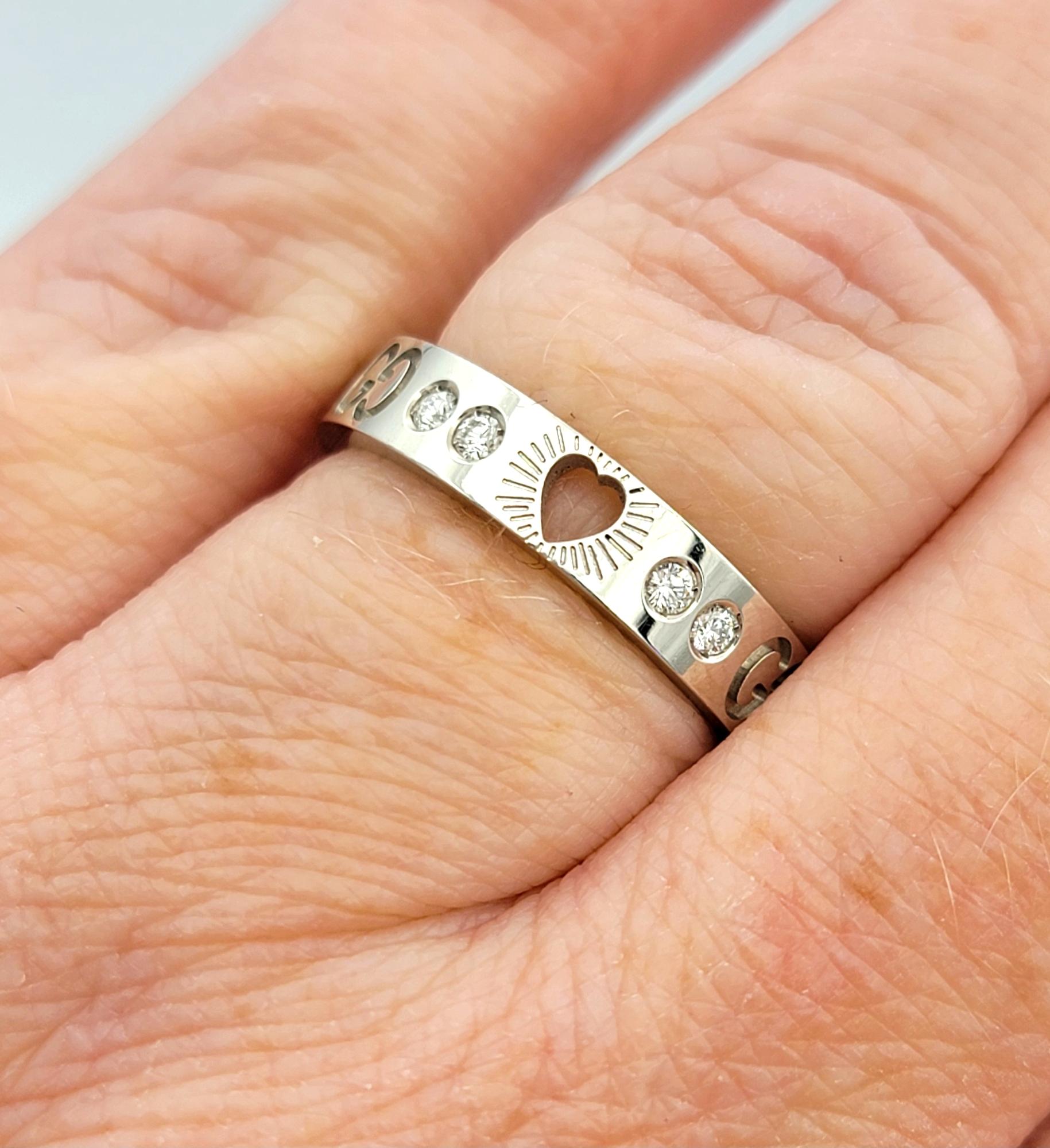 Gucci Icon Diamond Band Ring with Heart Cutout in 18 Karat White Gold, Size 6.75 For Sale 1