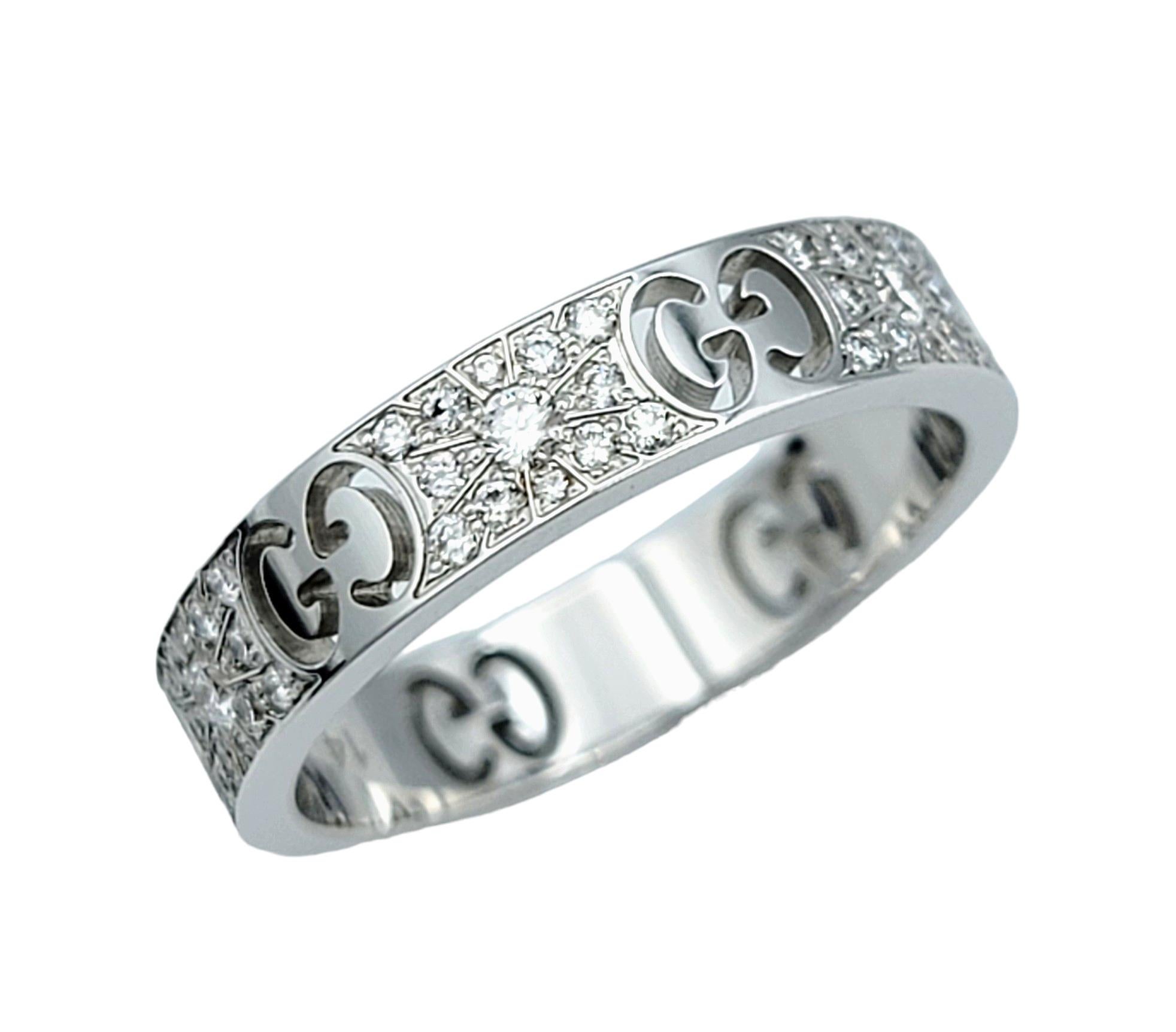 Ring Size: US 6.75 / IT 14

This gorgeous Gucci Icon Stardust band ring is exquisitely set in 18 karat white gold and adorned with sparkling diamonds. This elegant ring features a distinctive design that combines the luxurious appeal of white gold