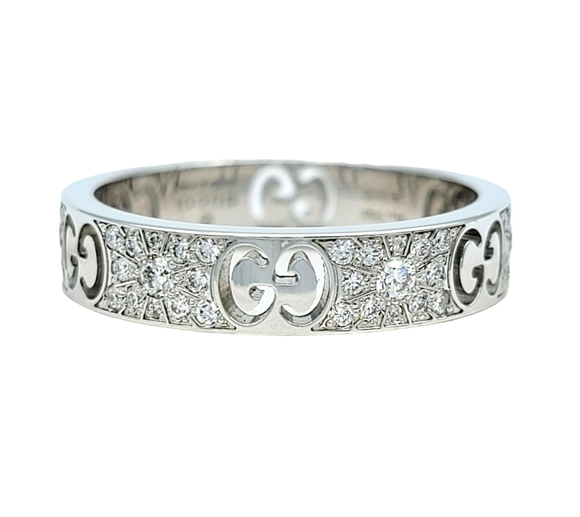 Contemporary Gucci Icon Stardust Pavé Diamond Band Ring Set in Polished 18 Karat White Gold For Sale
