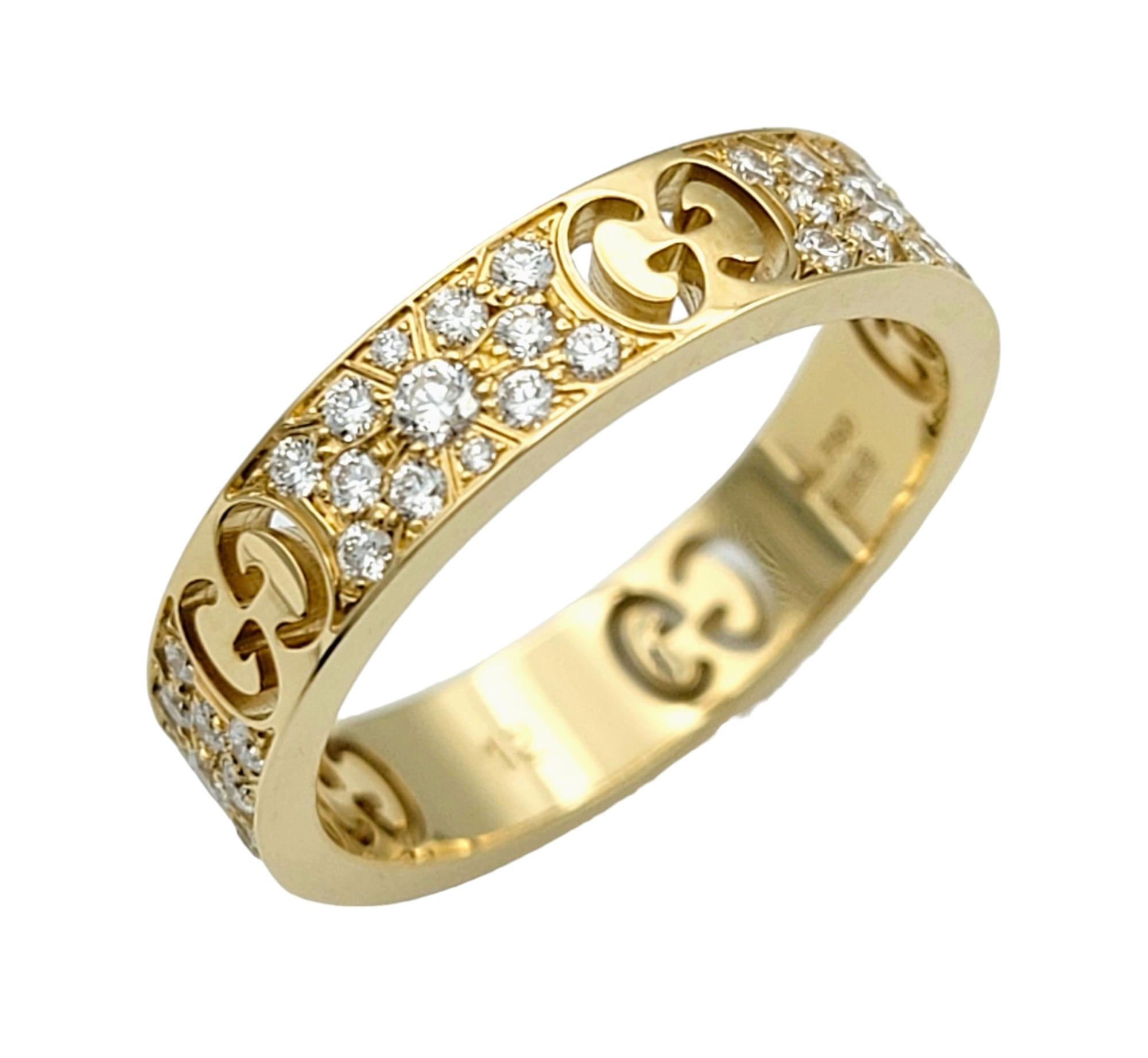 Ring Size: US 6 / IT 12

This gorgeous Gucci Icon Stardust band ring is exquisitely set in 18 karat yellow gold and adorned with sparkling diamonds. This elegant ring features a distinctive design that combines the luxurious appeal of yellow gold