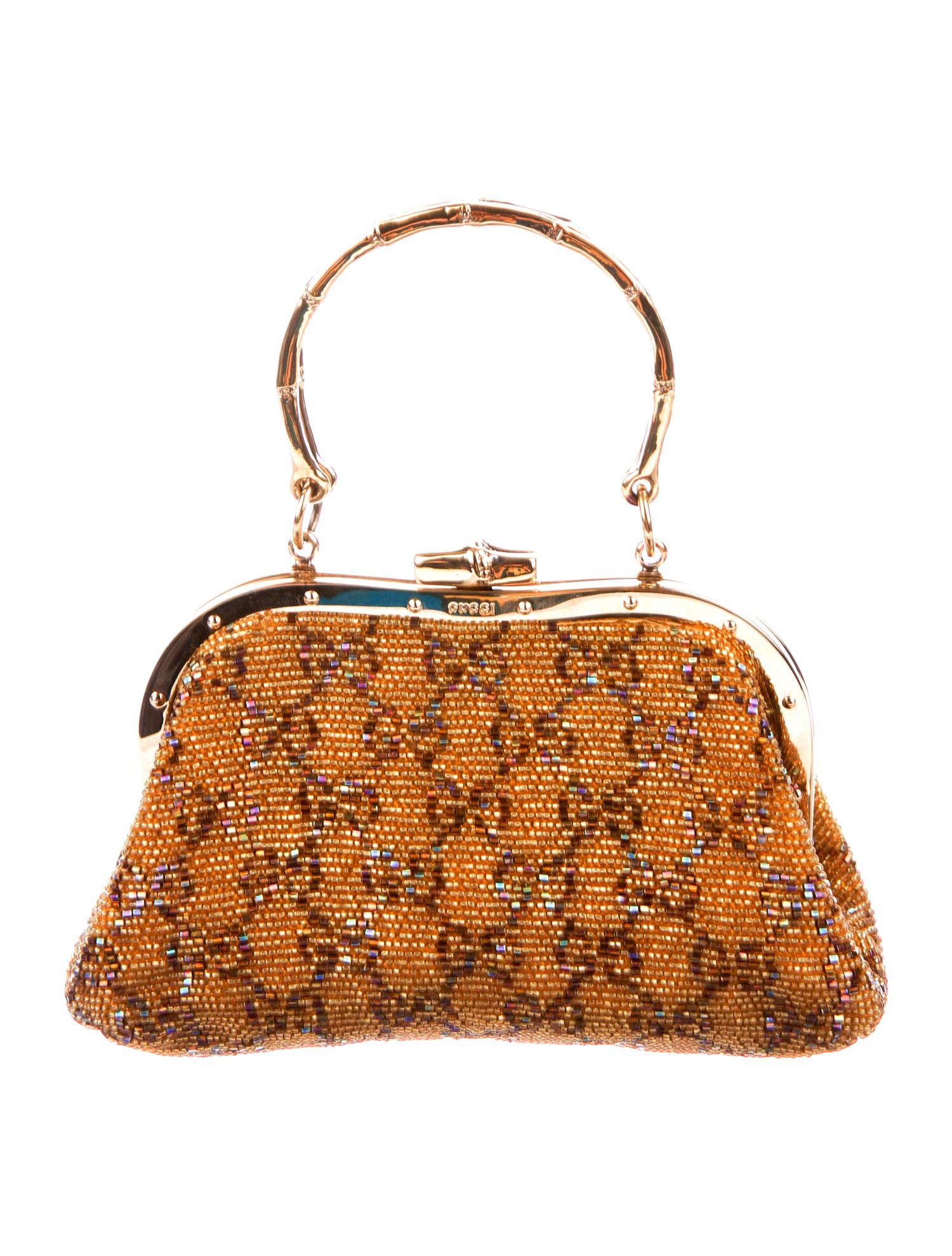 Brown Rare GUCCI Iconic Golden GG Monogram Beaded Bag Purse with Bamboo Handles For Sale