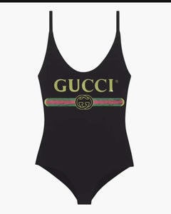 Gucci Iconic One Piece Black with Gucci Vintage Logo Swimsuit, Size S