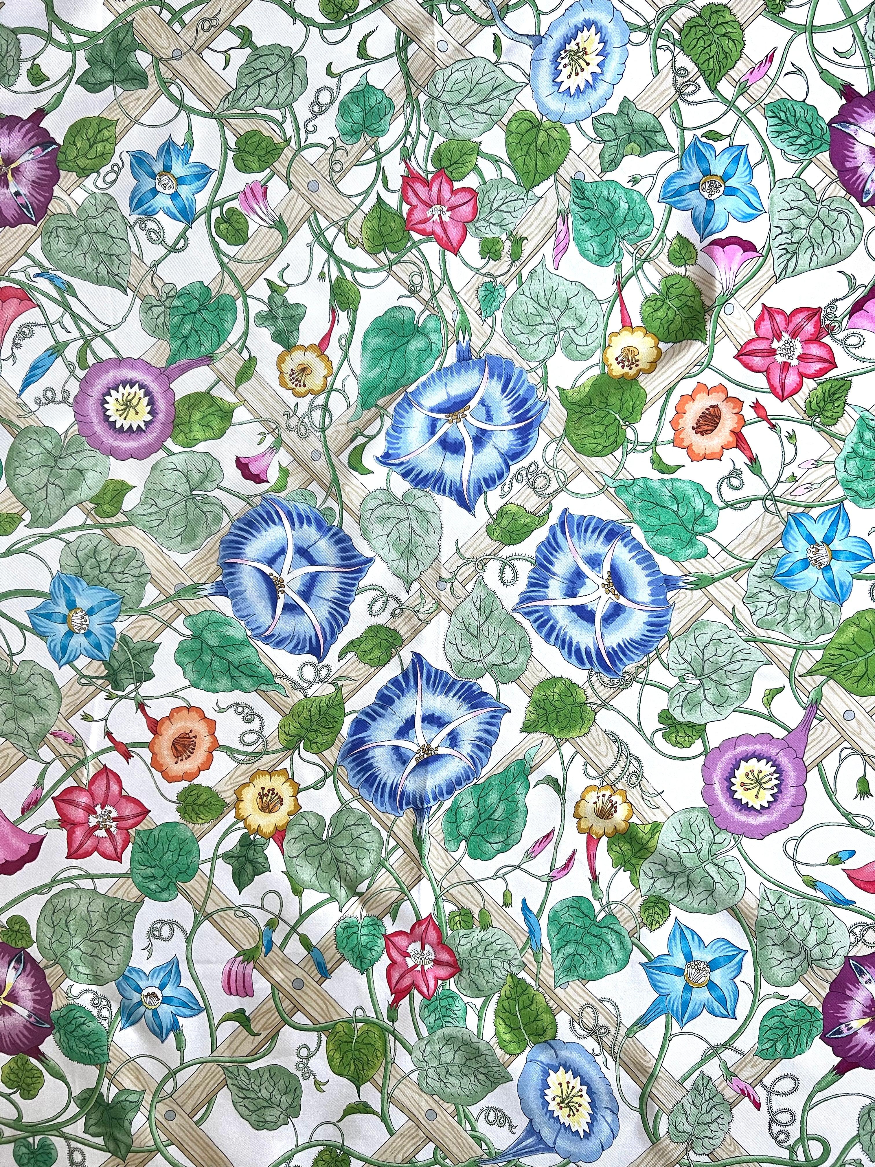 Gucci Iconic Yellow Border Lattice Floral Printed Square Silk Scarf In Excellent Condition For Sale In Los Angeles, CA