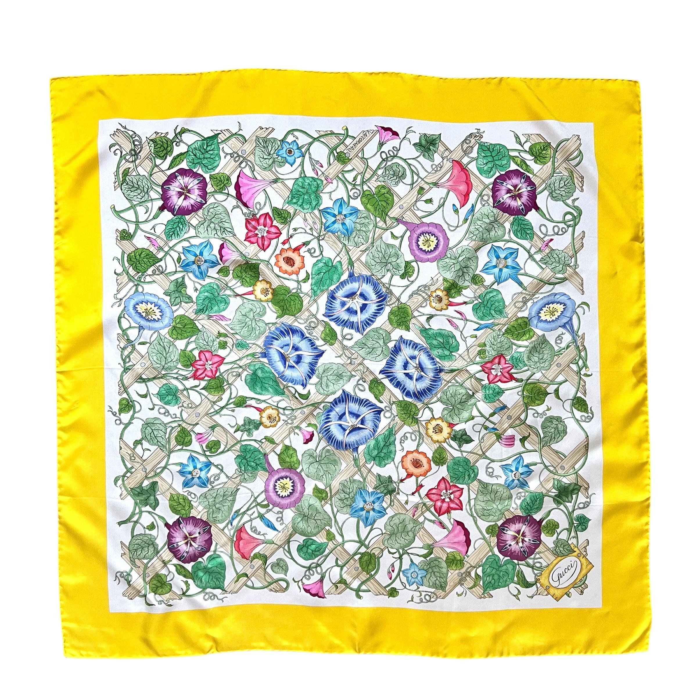 Gucci Iconic Yellow Border Lattice Floral Printed Square Silk Scarf For Sale
