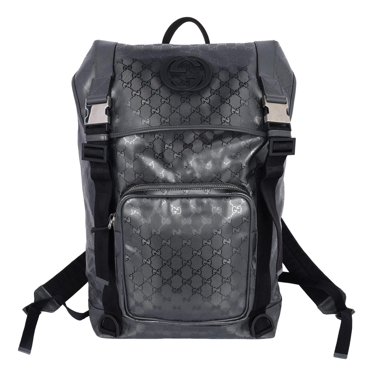 Gucci Imprime Monogram Interlocking G Double Buckle Backpack Black Grey 7