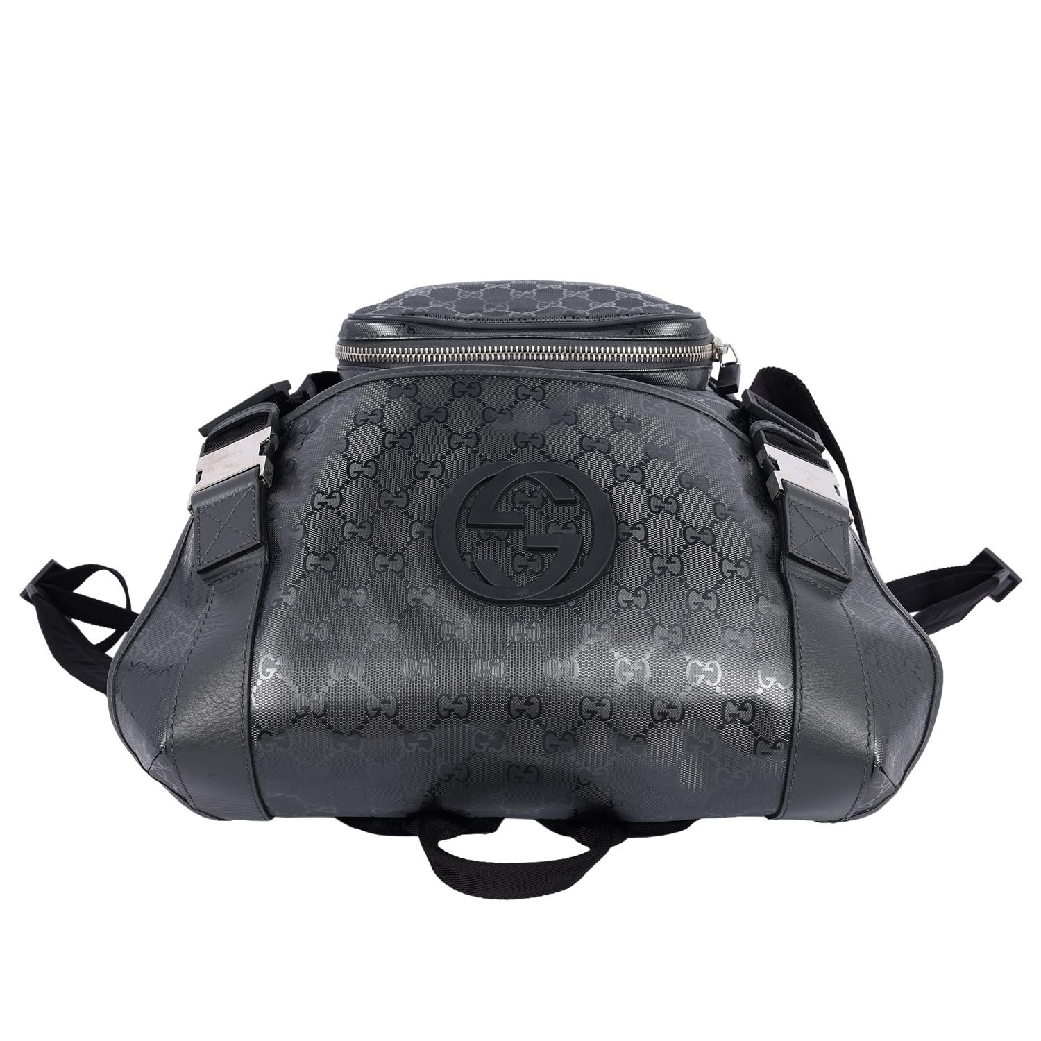 Gucci Imprime Monogram Interlocking G Double Buckle Backpack Black Grey 8