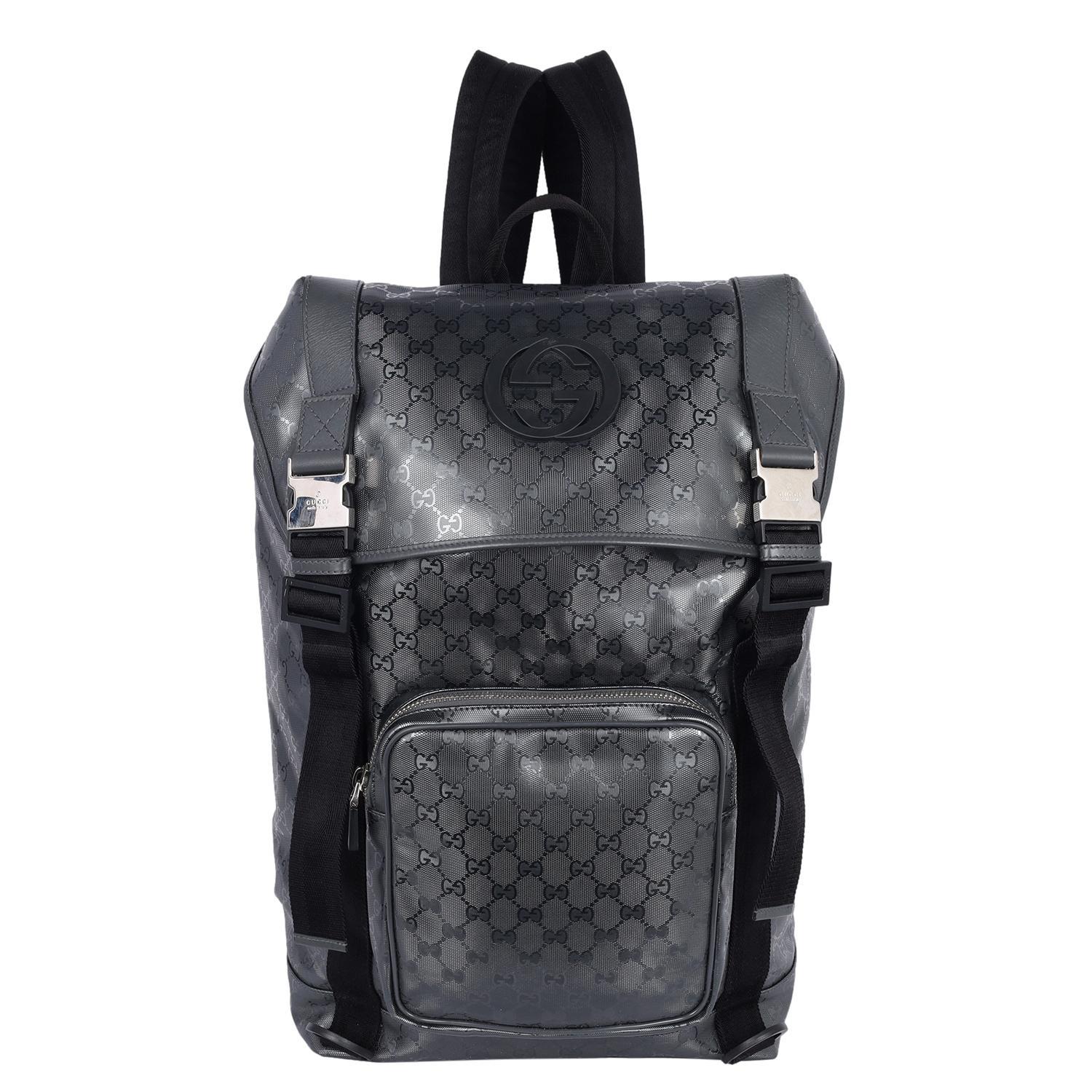 Gucci Imprime Monogram Interlocking G Double Buckle Backpack Black Grey In Good Condition In Salt Lake Cty, UT