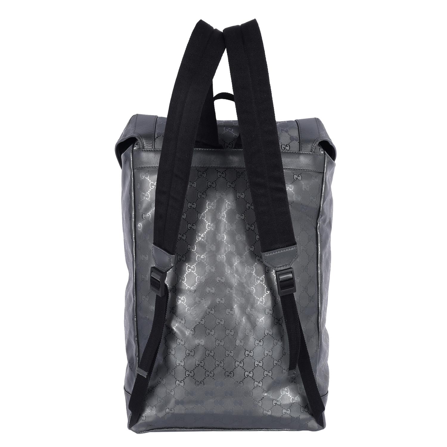 Gucci Imprime Monogram Interlocking G Double Buckle Backpack Black Grey 1