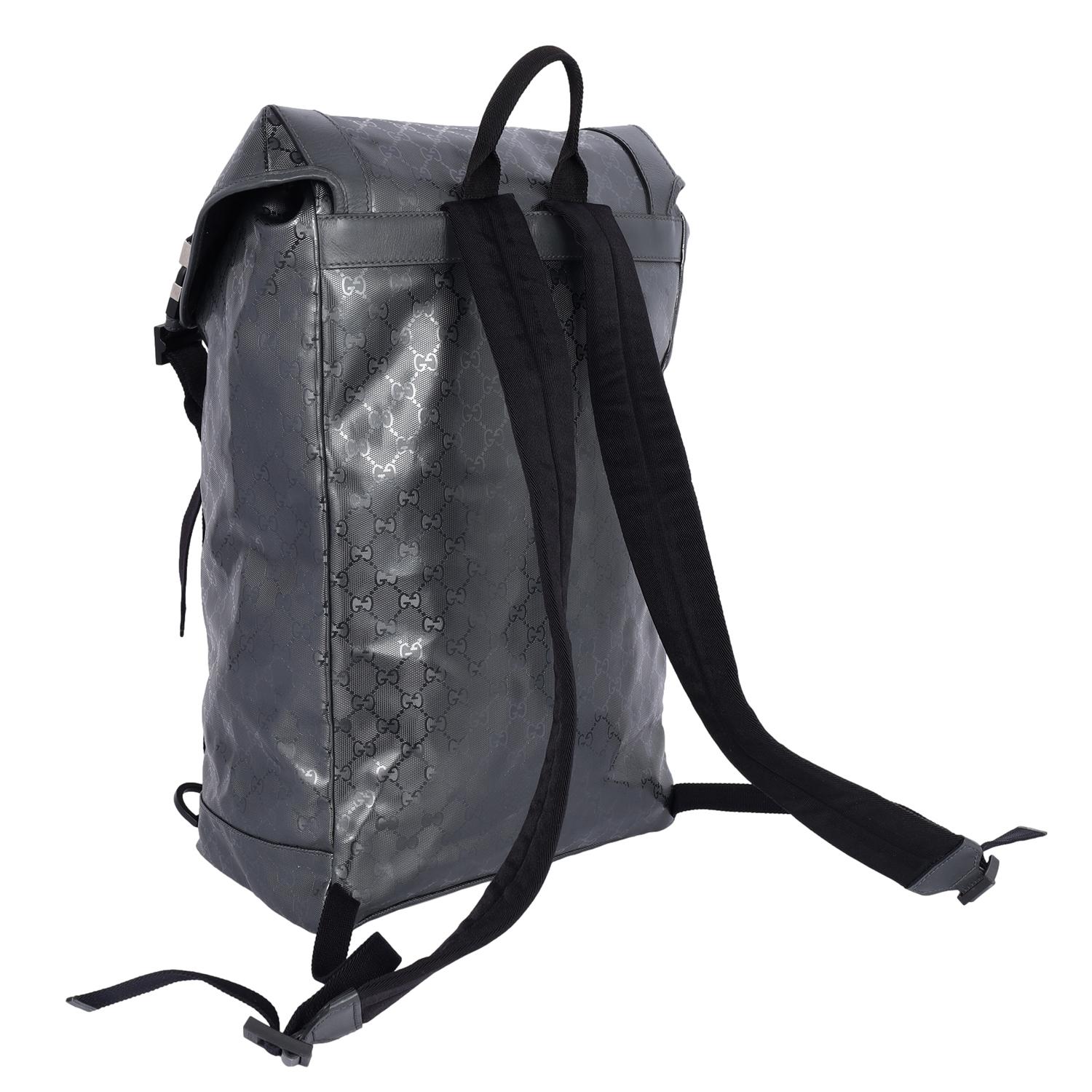 Gucci Imprime Monogram Interlocking G Double Buckle Backpack Black Grey 2