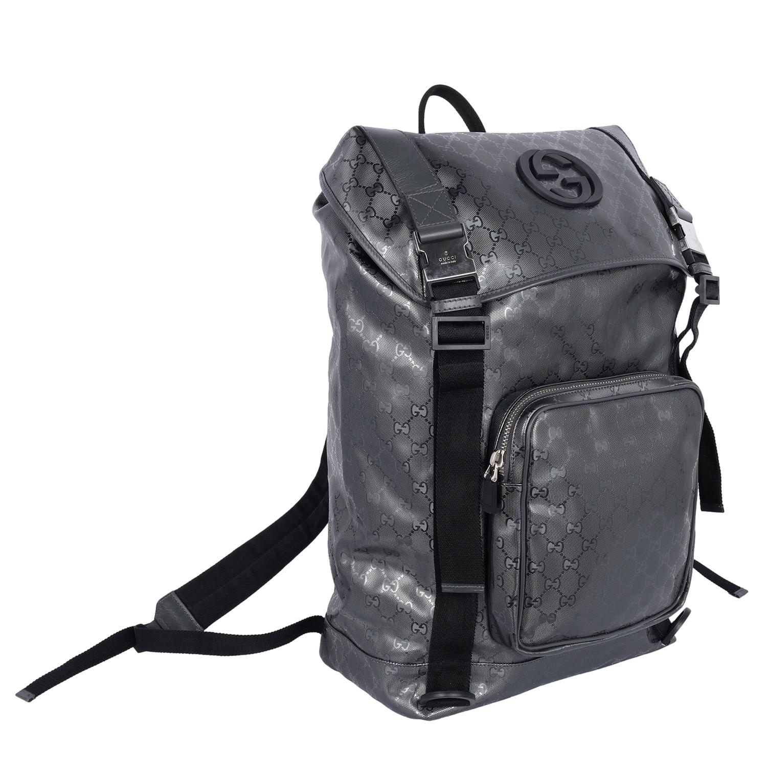 Gucci Imprime Monogram Interlocking G Double Buckle Backpack Black Grey 4