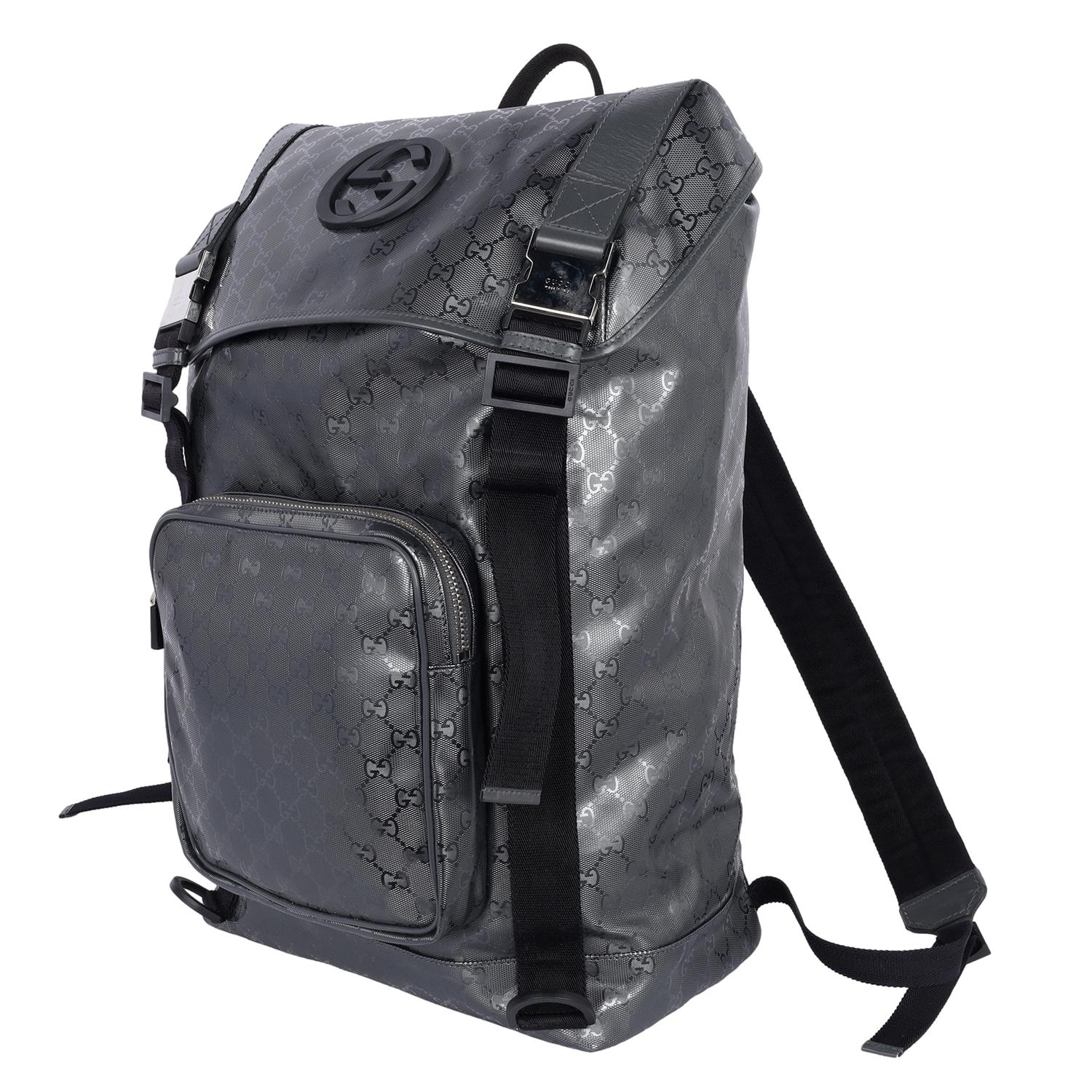Gucci Imprime Monogram Interlocking G Double Buckle Backpack Black Grey 5