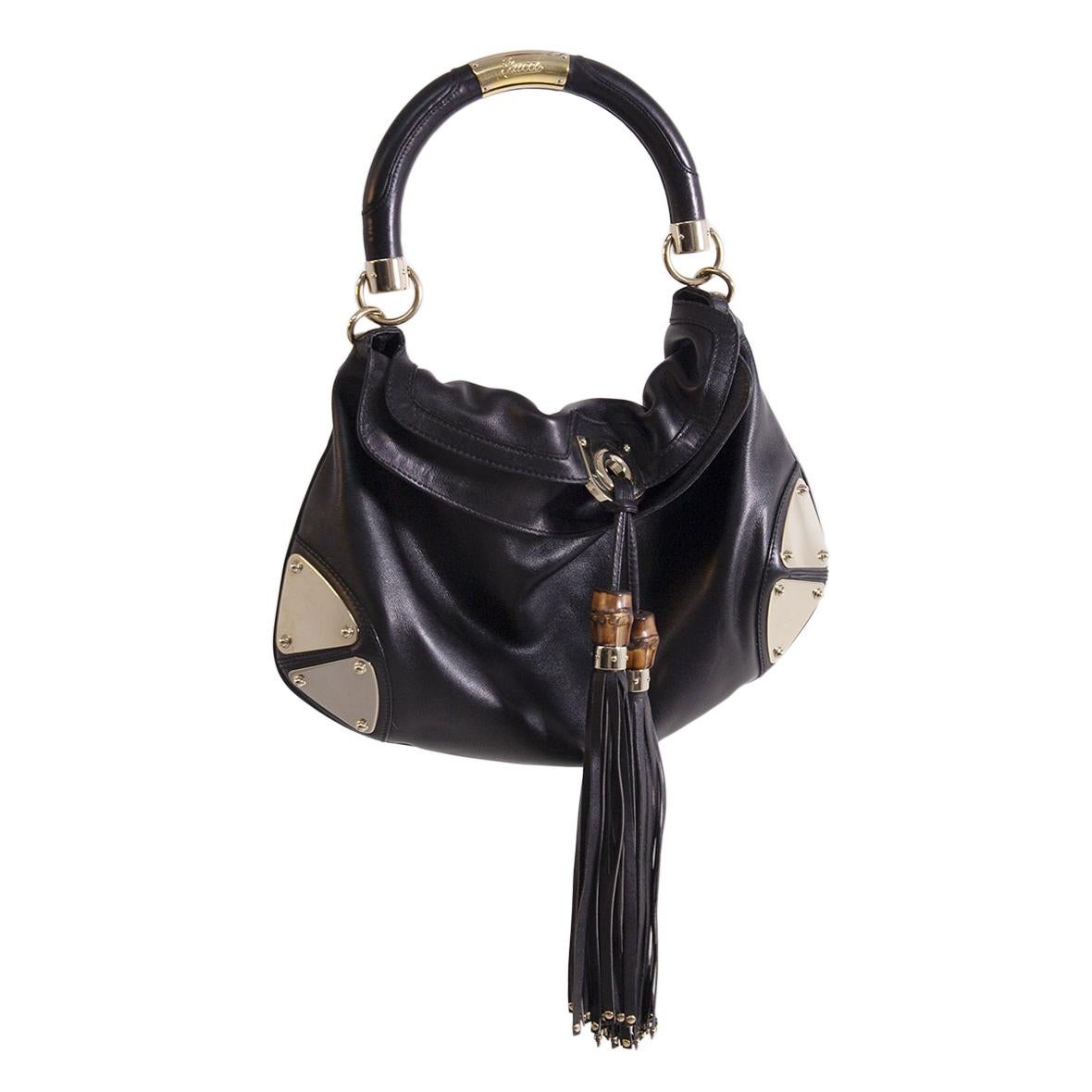 Gucci Indy Babouska Leather Bag in Gold Metal Black with fringes, 2000