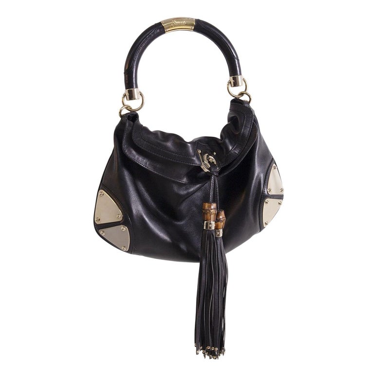 Gucci Indy Babouska Leather Bag in Gold Metal Black w Fringes For Sale at  1stDibs | gucci indy bag