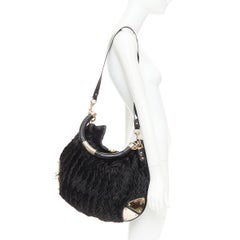 GUCCI Indy black chevron cut fur gold saddle metal handle hobo bag