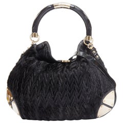GUCCI Indy black chevron cut fur gold saddle metal handle hobo bag