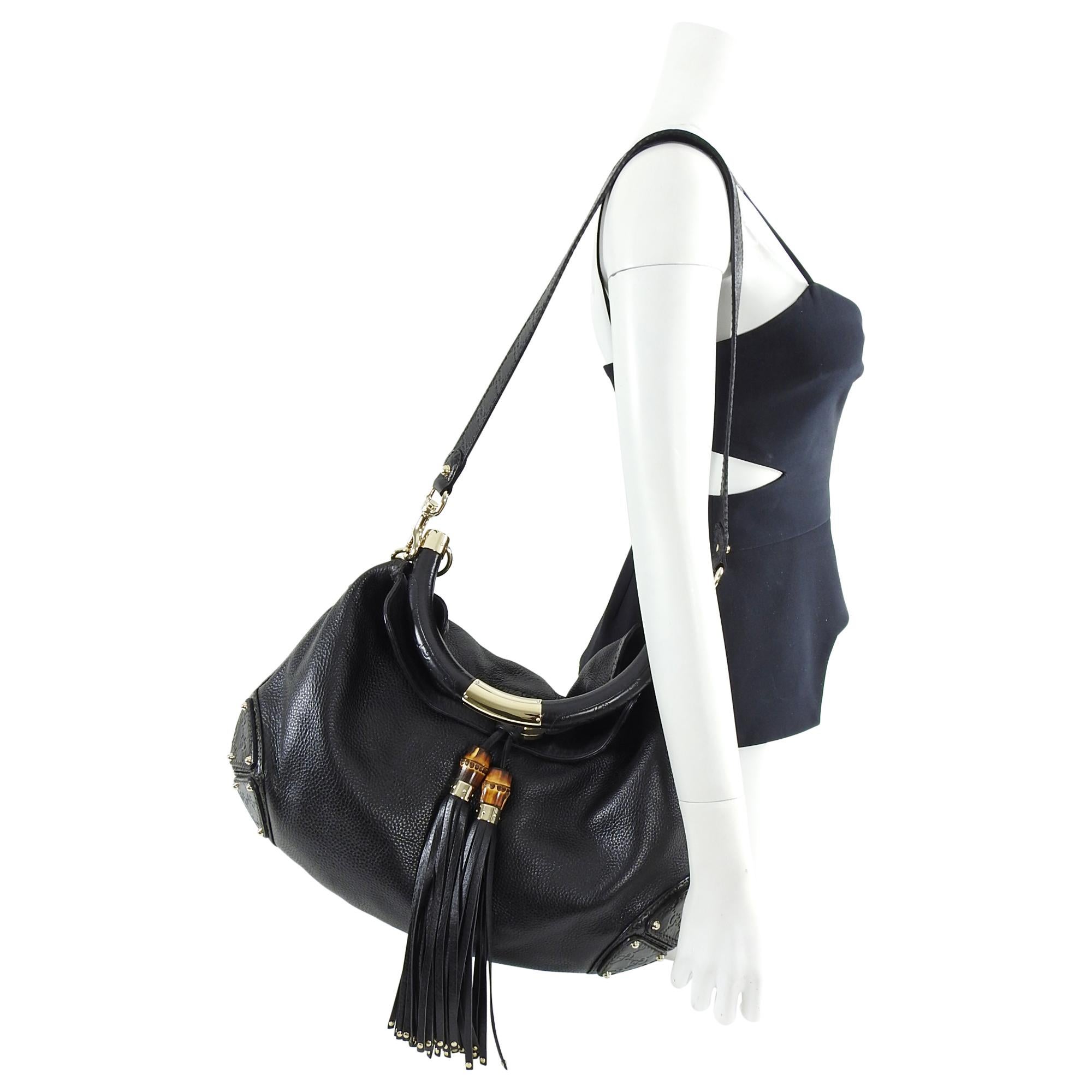 Women's Gucci Indy Hobo Black Leather Large Tassel Bag