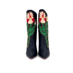 Gucci Intarsia Fosca Floral Black Leather Heeled Boots 40