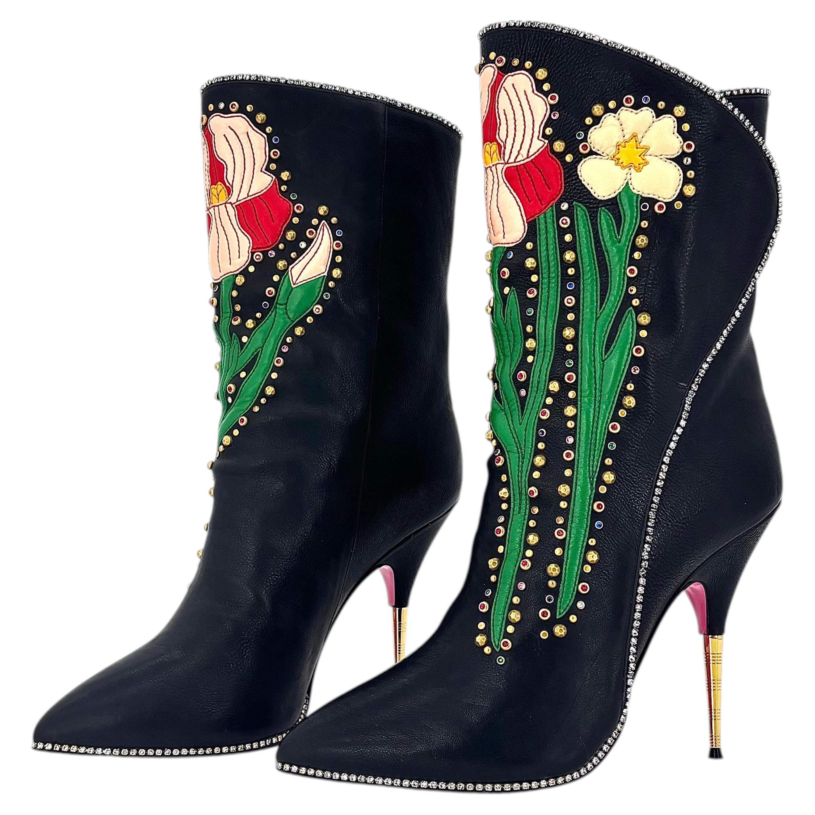 Gucci Intarsien Fosca Floral Schwarzes Leder Stiefel mit Absatz 40