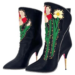 Gucci Intarsia Fosca Floral Black Leather Heeled Boots 40