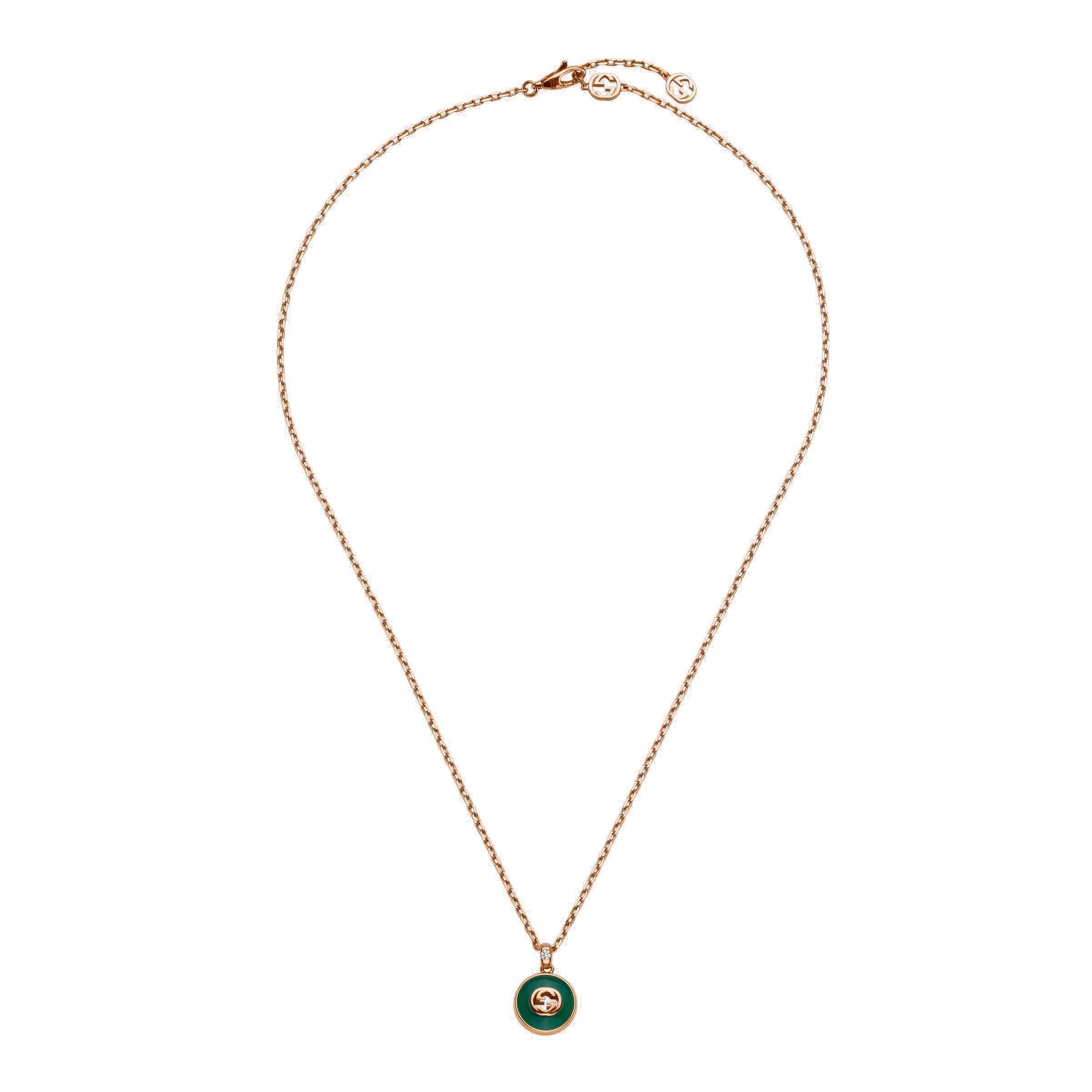 Gucci Interlocking 18ct Rose Gold Green Agate Necklace YBB789340002 In New Condition For Sale In Wilmington, DE
