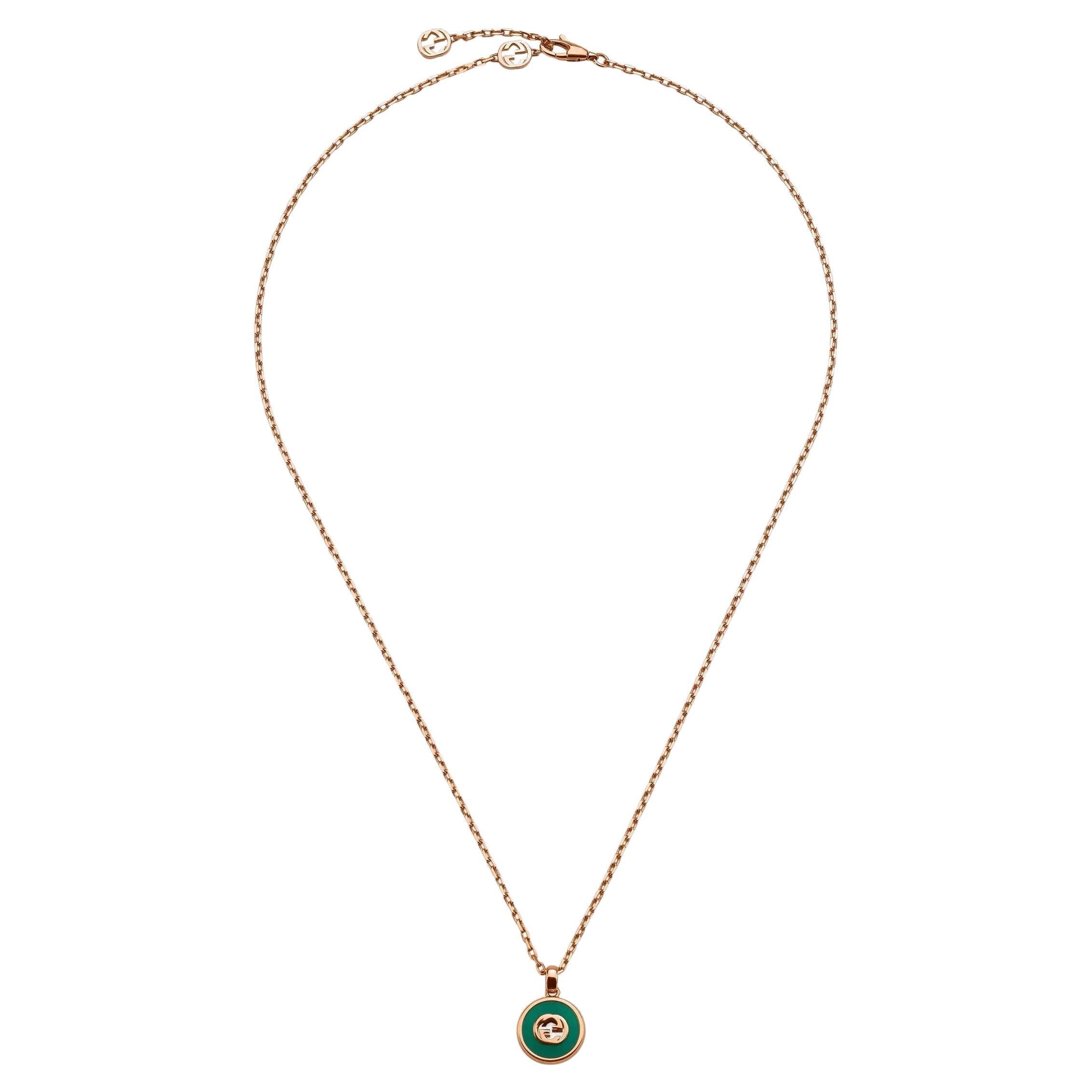 Gucci Interlocking 18ct Rose Gold Green Agate Necklace YBB789340002