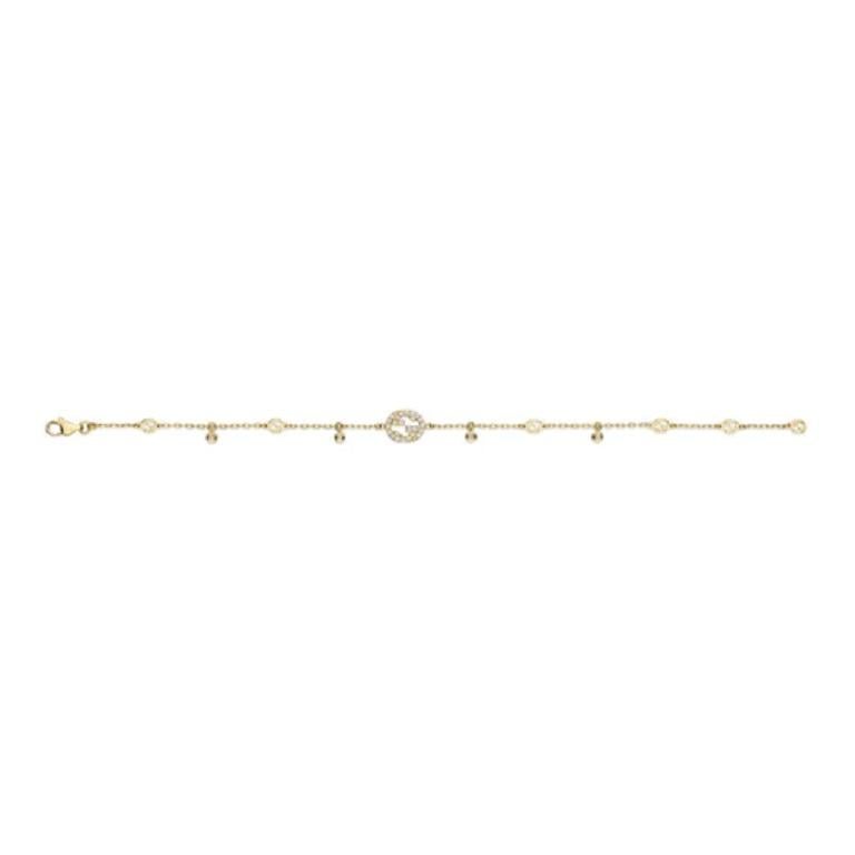 Gucci Interlocking G 18ct Yellow Gold 0.20ct Diamond Bracelet YBA729403002017

The Interlocking G jewellery collection takes a cue from the geometric logo, resulting in this design. Sparkling with Interlocking G details and set with diamonds, the